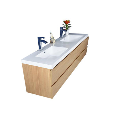 Moreno Bath Bohemia Lina 84" White Oak Wall-Mounted Vanity With Double Reinforced White Acrylic Sinks