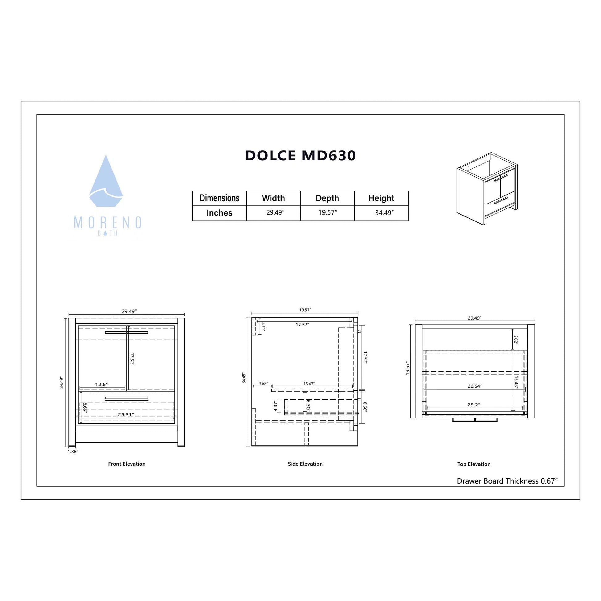 Moreno Bath Dolce 30" High Gloss Ash Gray Freestanding Vanity With Single Reinforced White Acrylic Sink