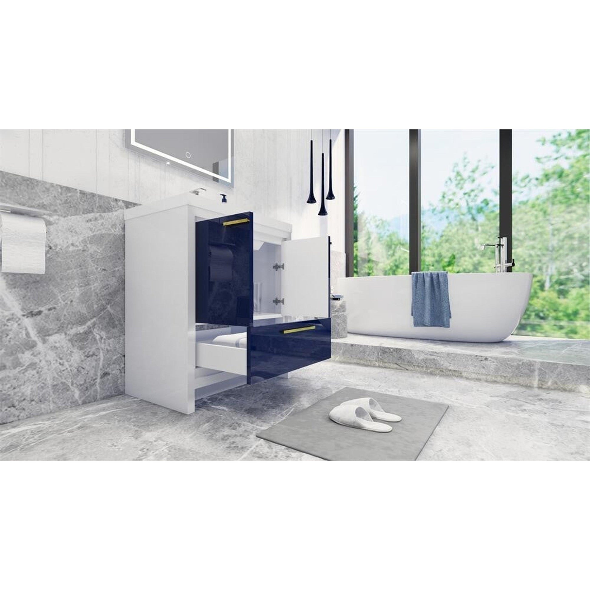 Moreno Bath Dolce 30" High Gloss Night Blue Freestanding Vanity With Single Reinforced White Acrylic Sink