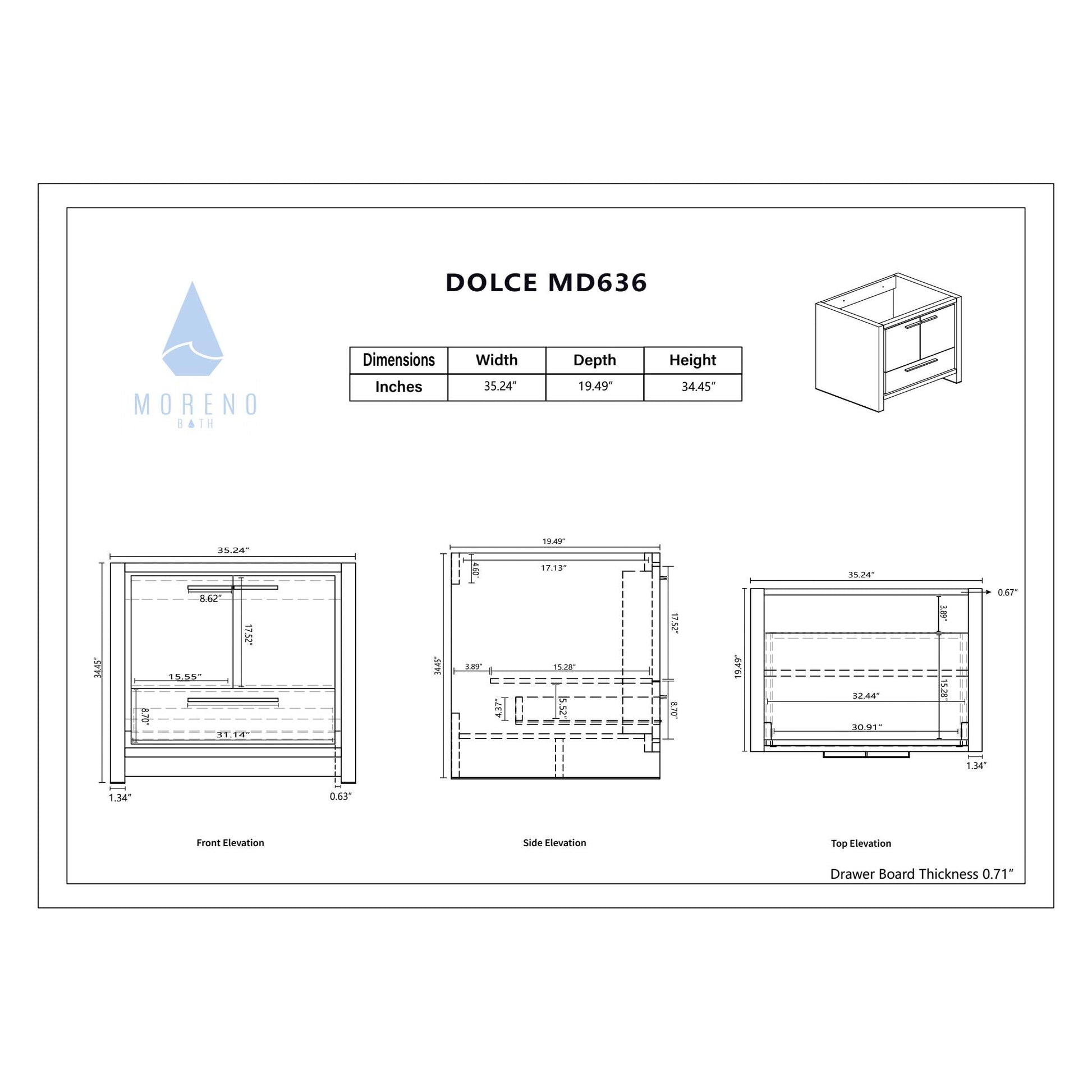 Moreno Bath Dolce 36" High Gloss Ash Gray Freestanding Vanity With Single Reinforced White Acrylic Sink