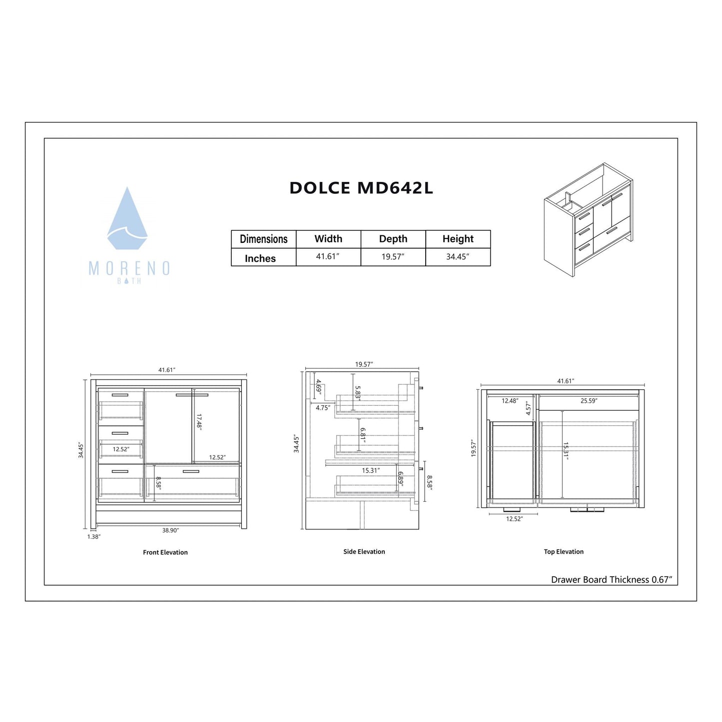 Moreno Bath Dolce 42" High Gloss Ash Gray Freestanding Vanity With Left Side Drawers and Single Reinforced White Acrylic Sink