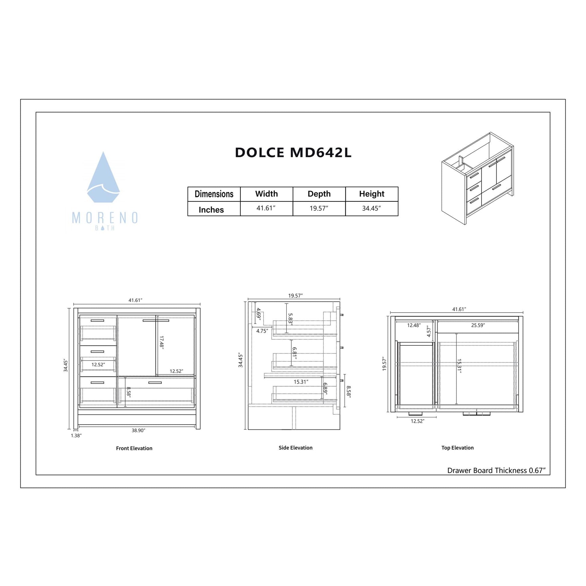 Moreno Bath Dolce 42" High Gloss Ash Gray Freestanding Vanity With Left Side Drawers and Single Reinforced White Acrylic Sink