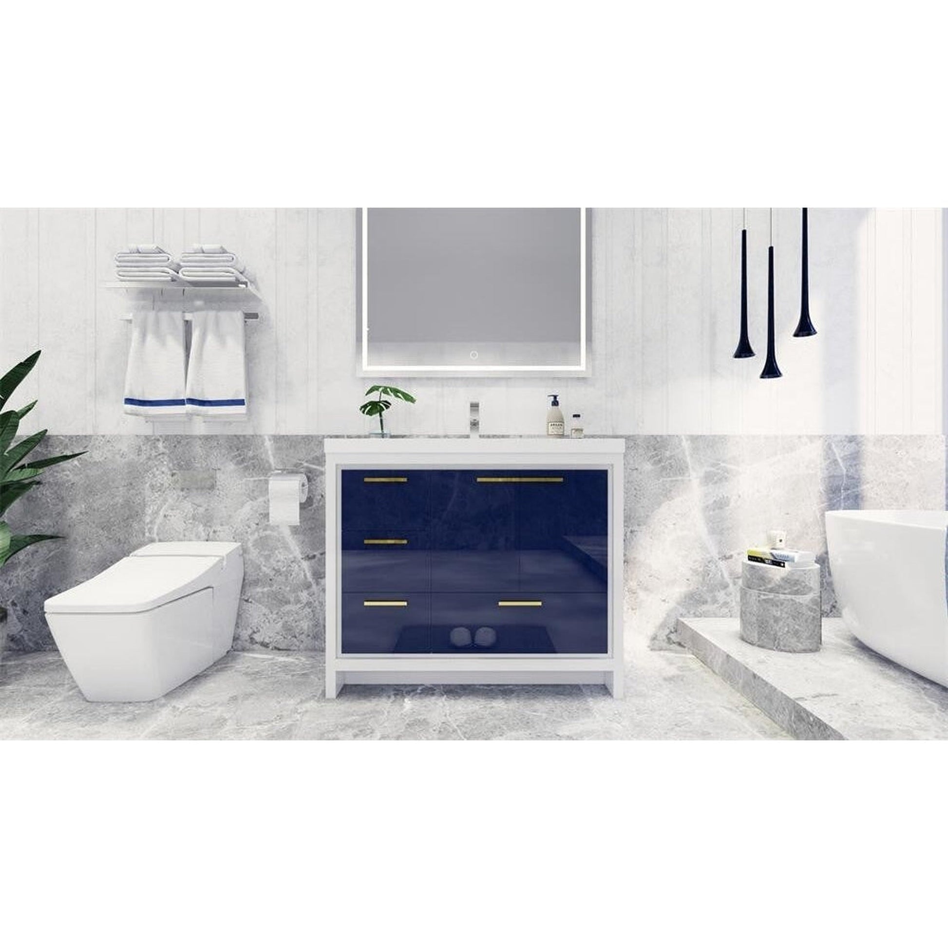 Moreno Bath Dolce 42" High Gloss Night Blue Freestanding Vanity With Left Side Drawers and Single Reinforced White Acrylic Sink