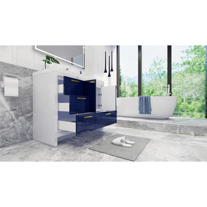Moreno Bath Dolce 42" High Gloss Night Blue Freestanding Vanity With Left Side Drawers and Single Reinforced White Acrylic Sink
