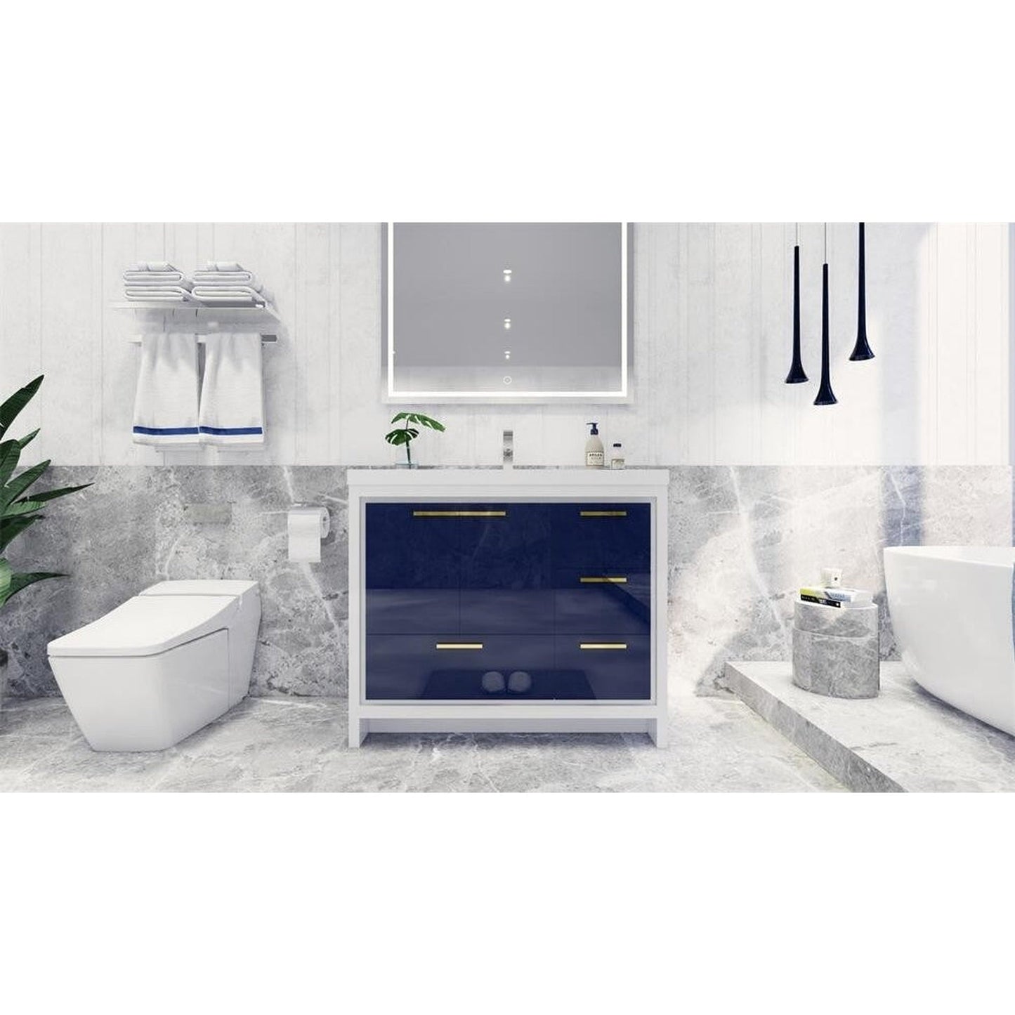 Moreno Bath Dolce 42" High Gloss Night Blue Freestanding Vanity With Right Side Drawers and Single Reinforced White Acrylic Sink