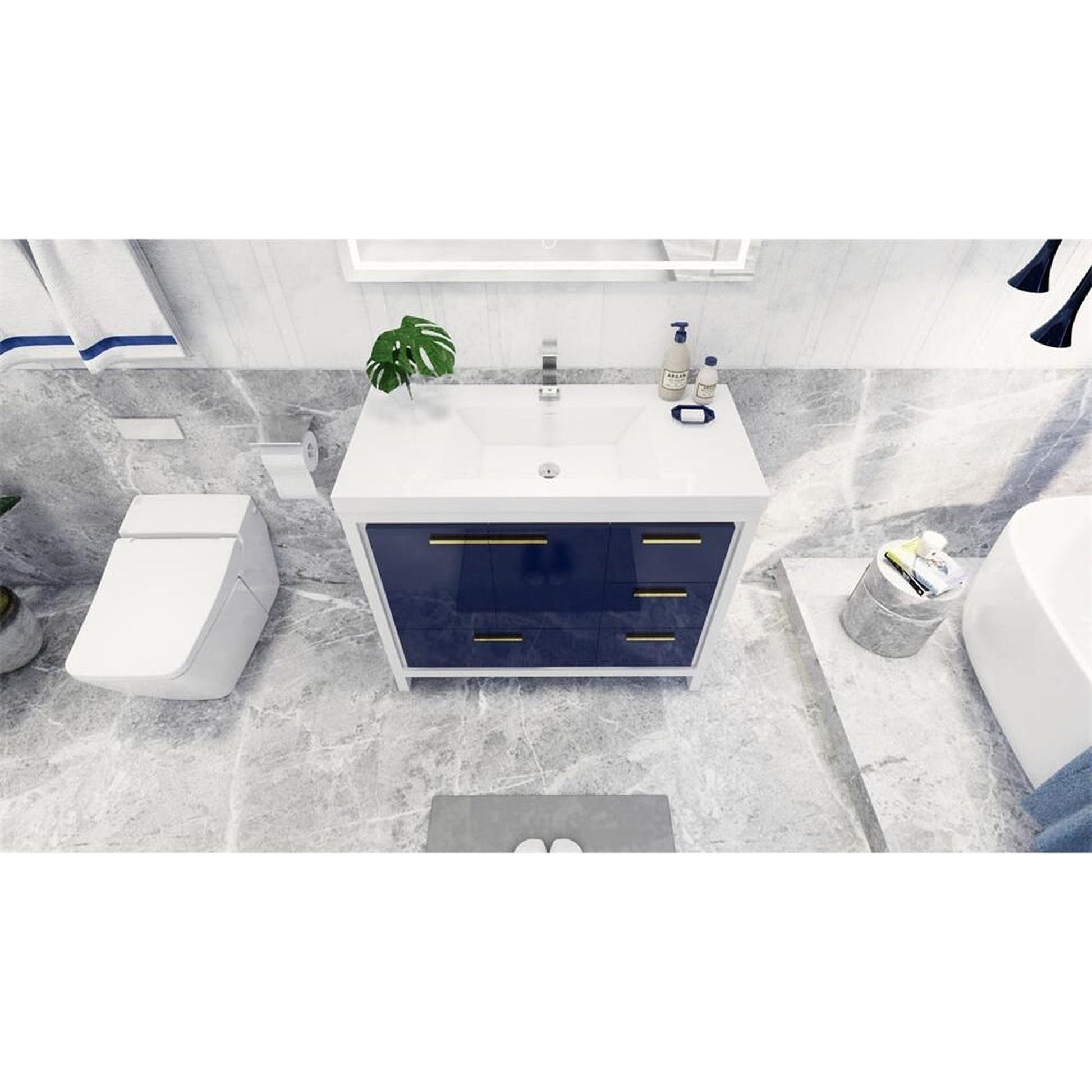 Moreno Bath Dolce 42" High Gloss Night Blue Freestanding Vanity With Right Side Drawers and Single Reinforced White Acrylic Sink