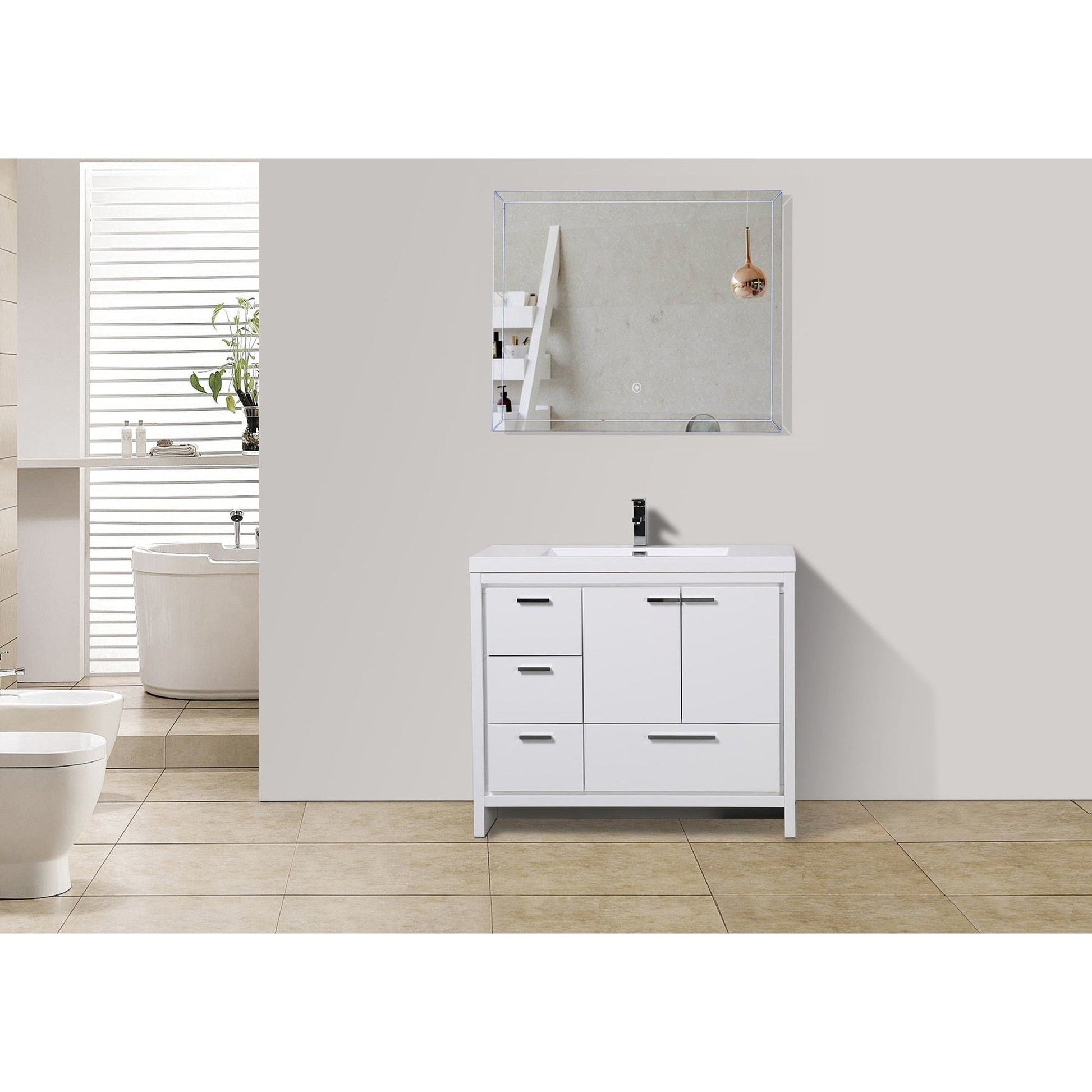 Moreno Bath Dolce 42" High Gloss White Freestanding Vanity With Left Side Drawers and Single Reinforced White Acrylic Sink