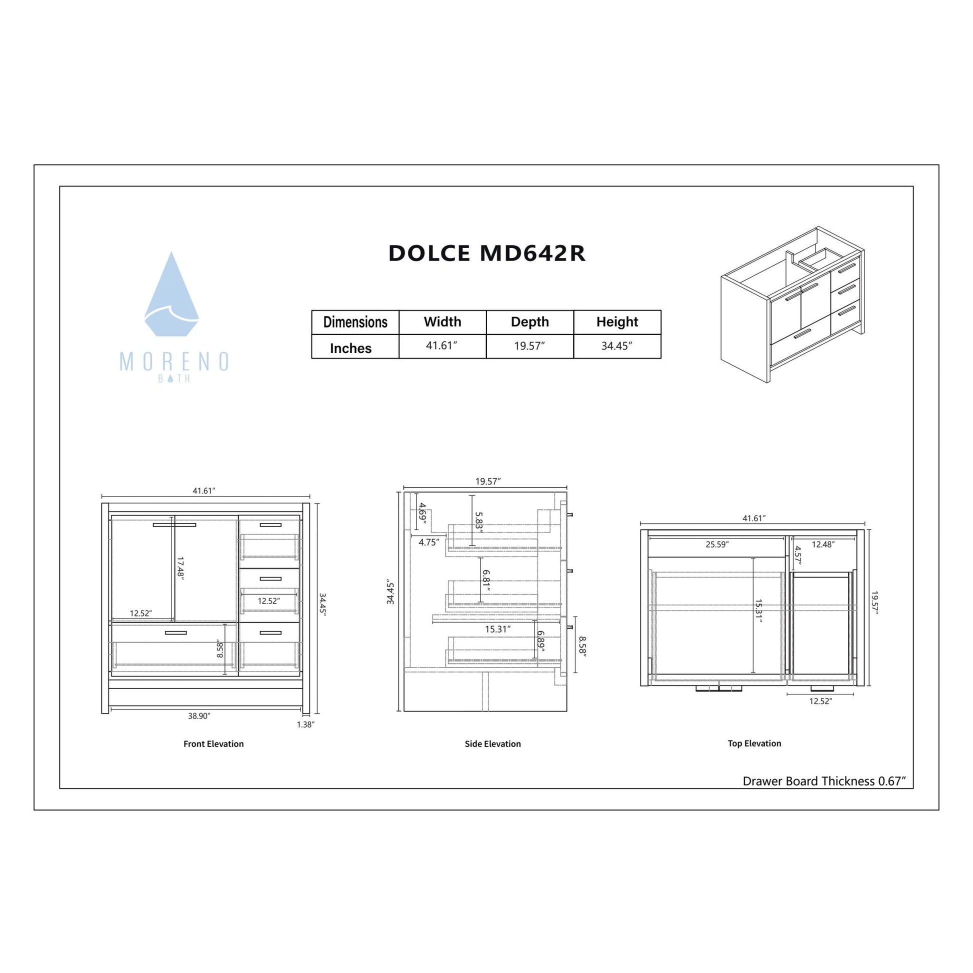 Moreno Bath Dolce 42" High Gloss White Freestanding Vanity With Right Side Drawers and Single Reinforced White Acrylic Sink