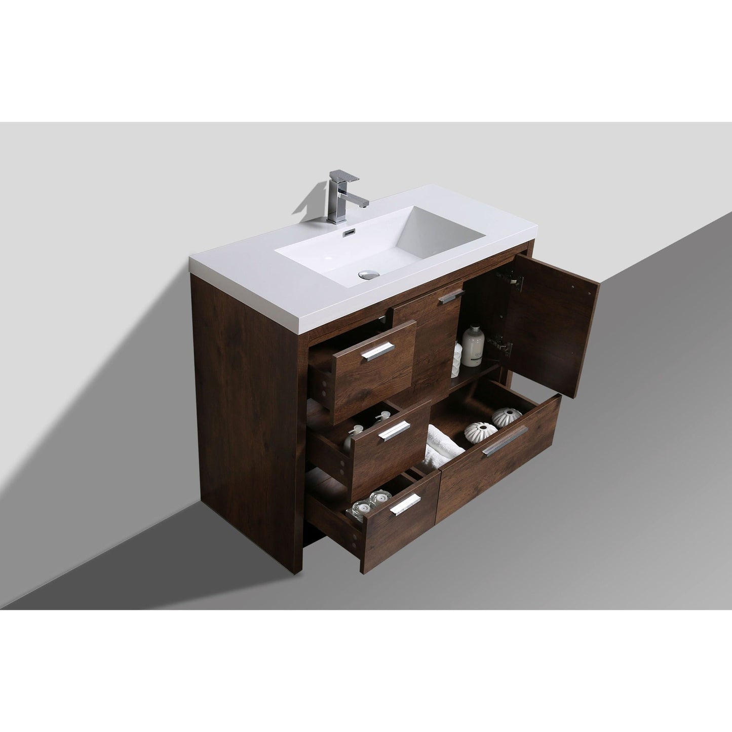 Moreno Bath Dolce 42" Rosewood Freestanding Vanity With Left Side Drawers and Single Reinforced White Acrylic Sink