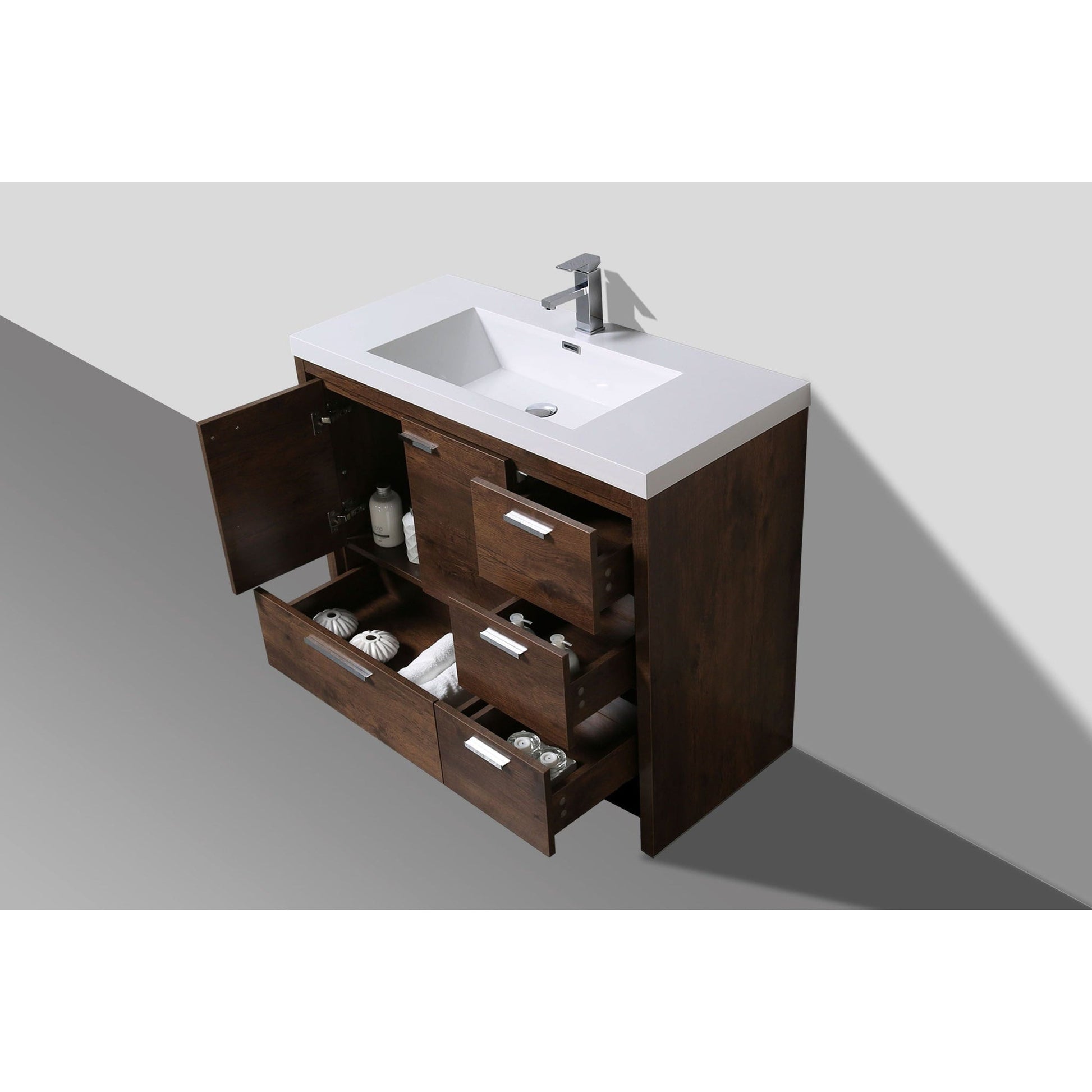 Moreno Bath Dolce 42" Rosewood Freestanding Vanity With Right Side Drawers and Single Reinforced White Acrylic Sink