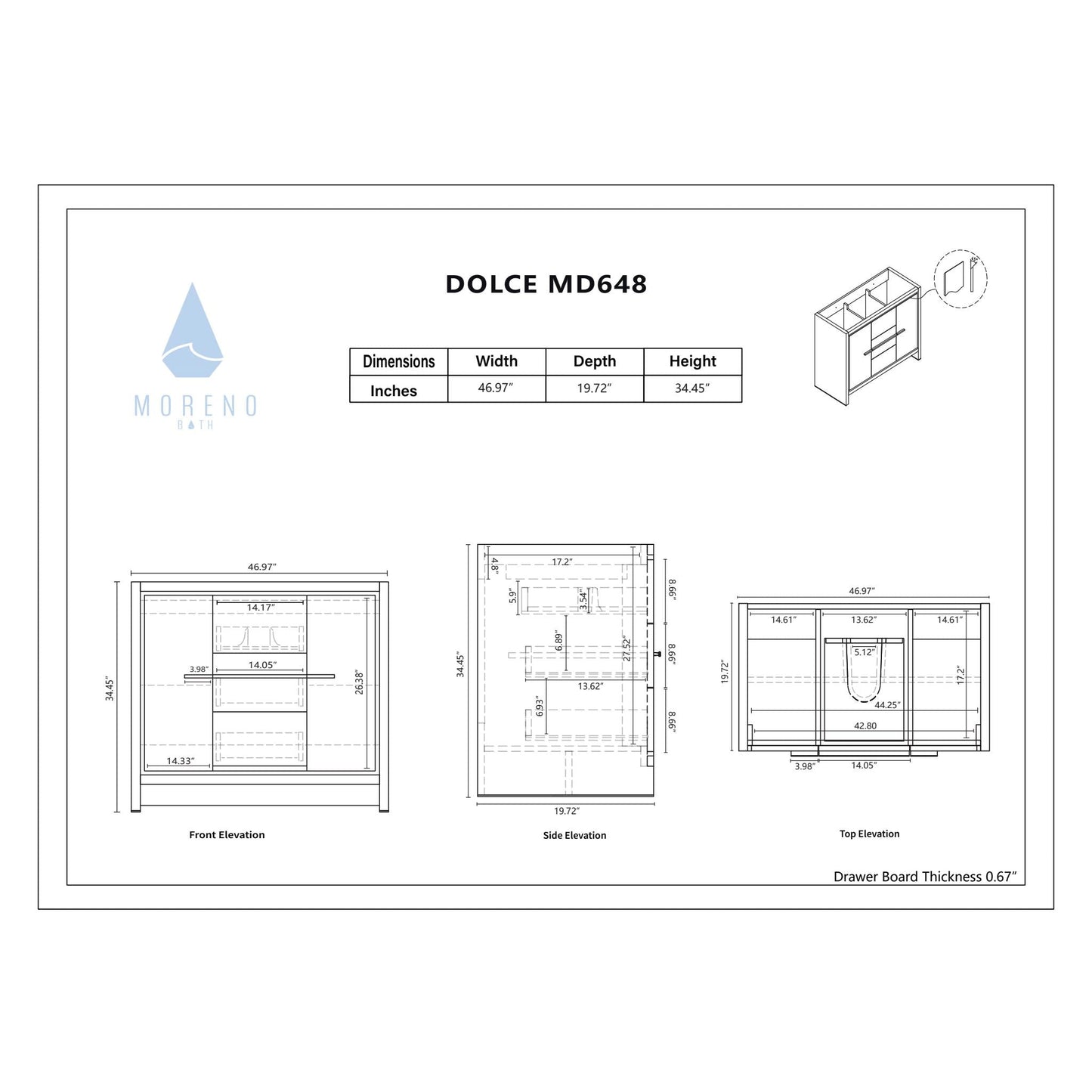 Moreno Bath Dolce 48" High Gloss Ash Gray Freestanding Vanity With Single Reinforced White Acrylic Sink