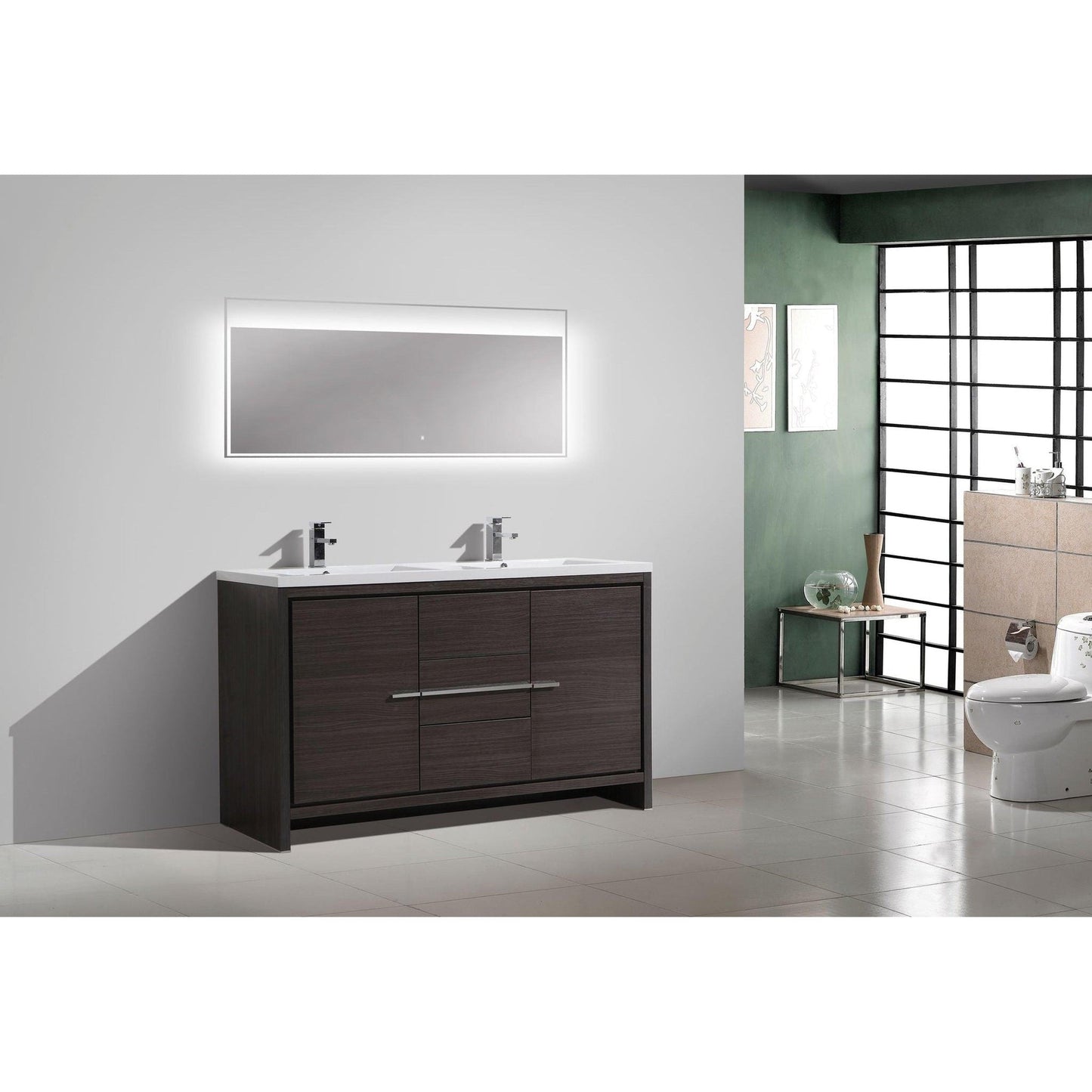 Moreno Bath Dolce 60" Dark Gray Oak Freestanding Vanity With Double Reinforced White Acrylic Sinks