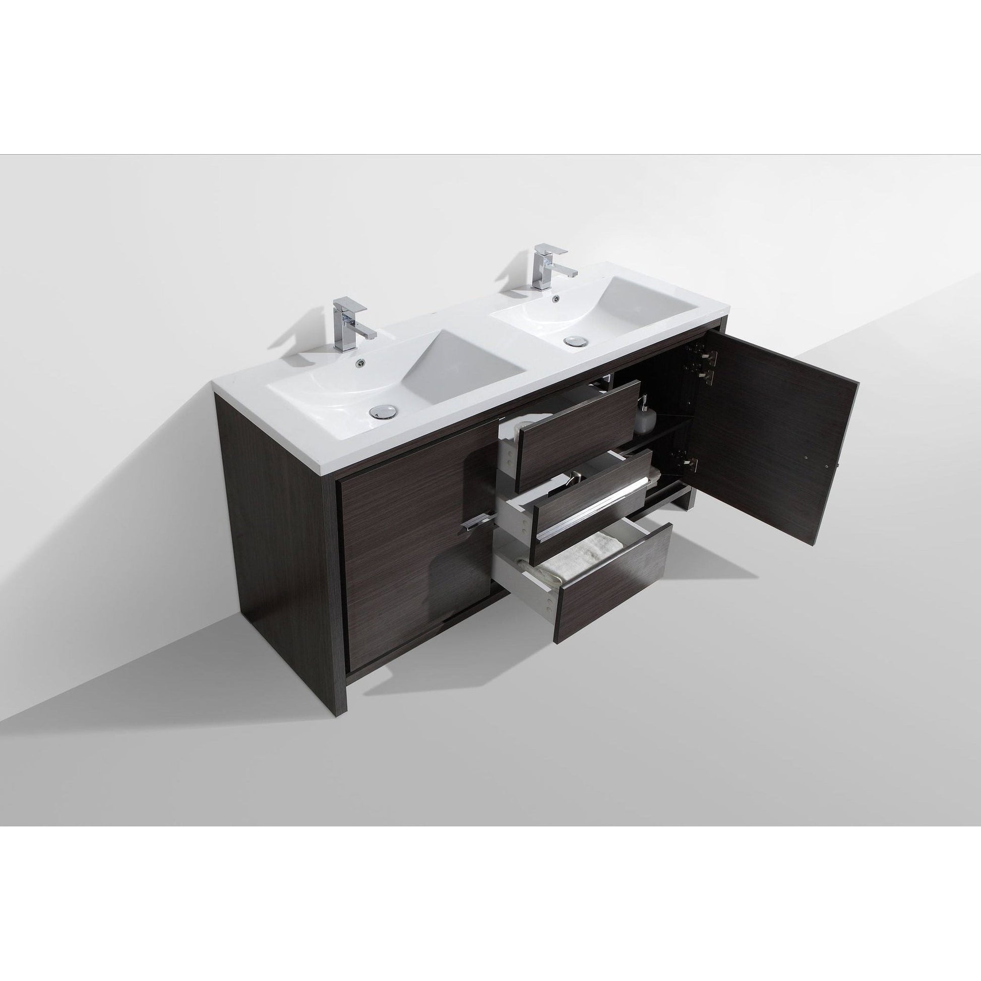 Moreno Bath Dolce 60" Dark Gray Oak Freestanding Vanity With Double Reinforced White Acrylic Sinks