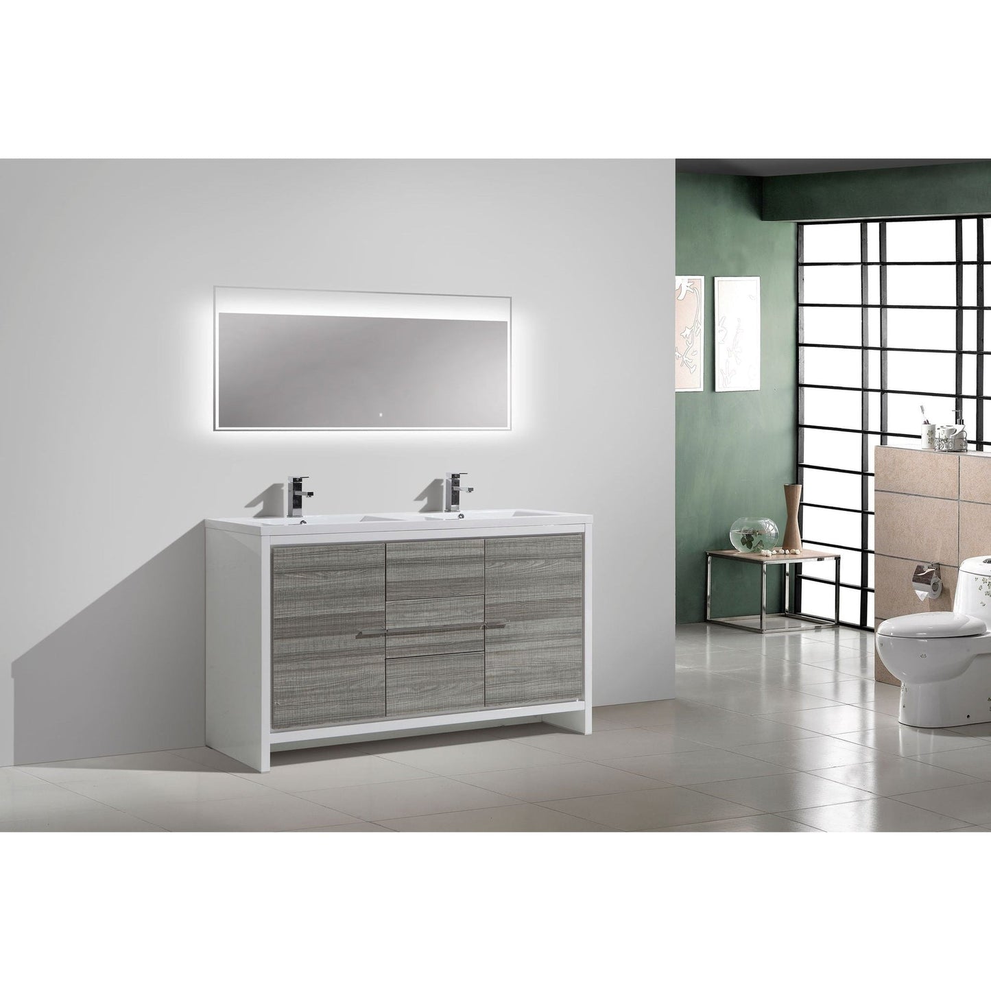 Moreno Bath Dolce 60" High Gloss Ash Gray Freestanding Vanity With Double Reinforced White Acrylic Sinks