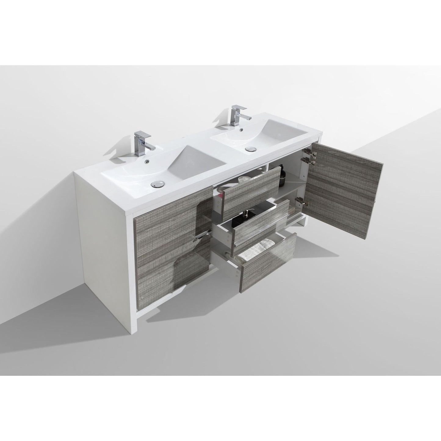 Moreno Bath Dolce 60" High Gloss Ash Gray Freestanding Vanity With Double Reinforced White Acrylic Sinks