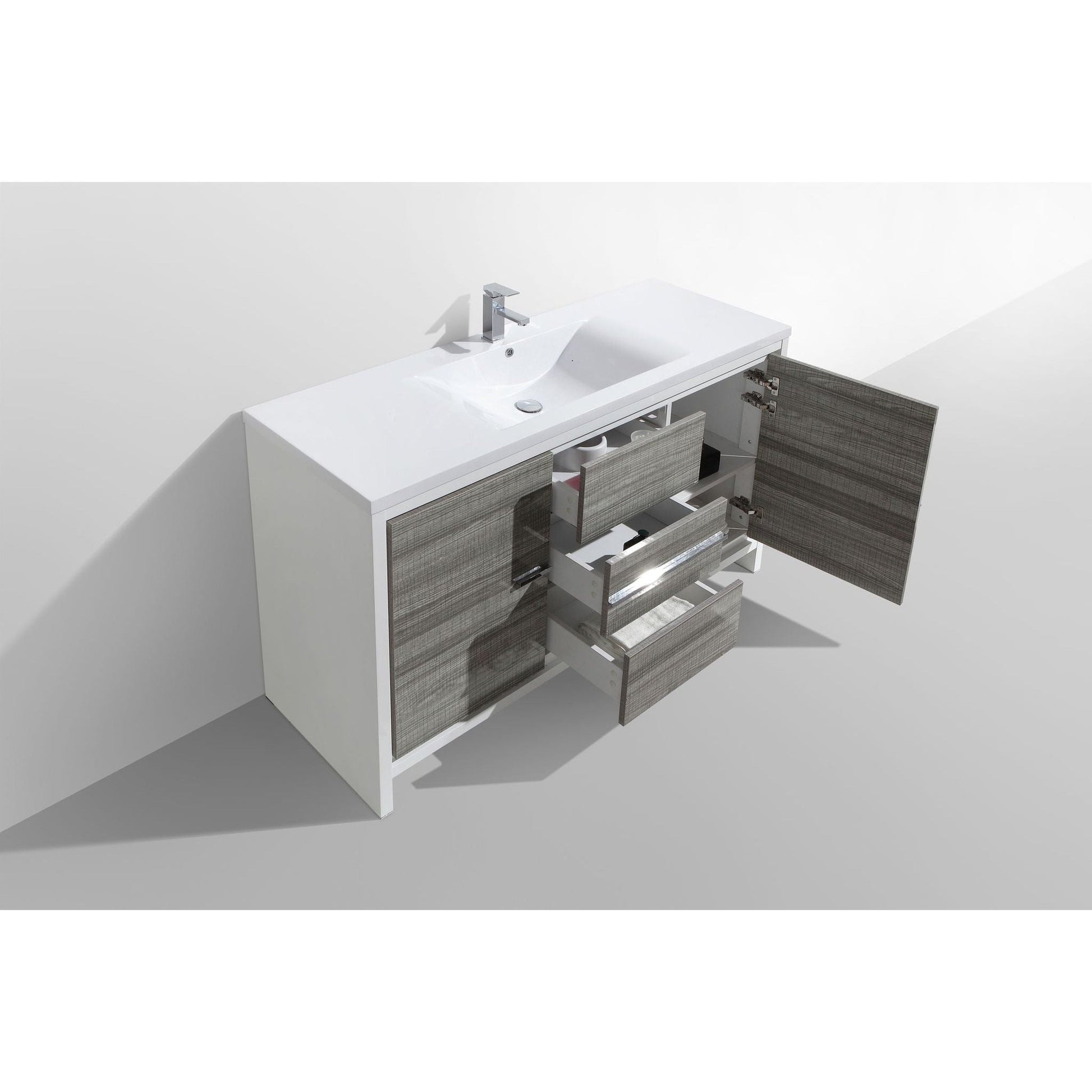 Moreno Bath Dolce 60" High Gloss Ash Gray Freestanding Vanity With Single Reinforced White Acrylic Sink