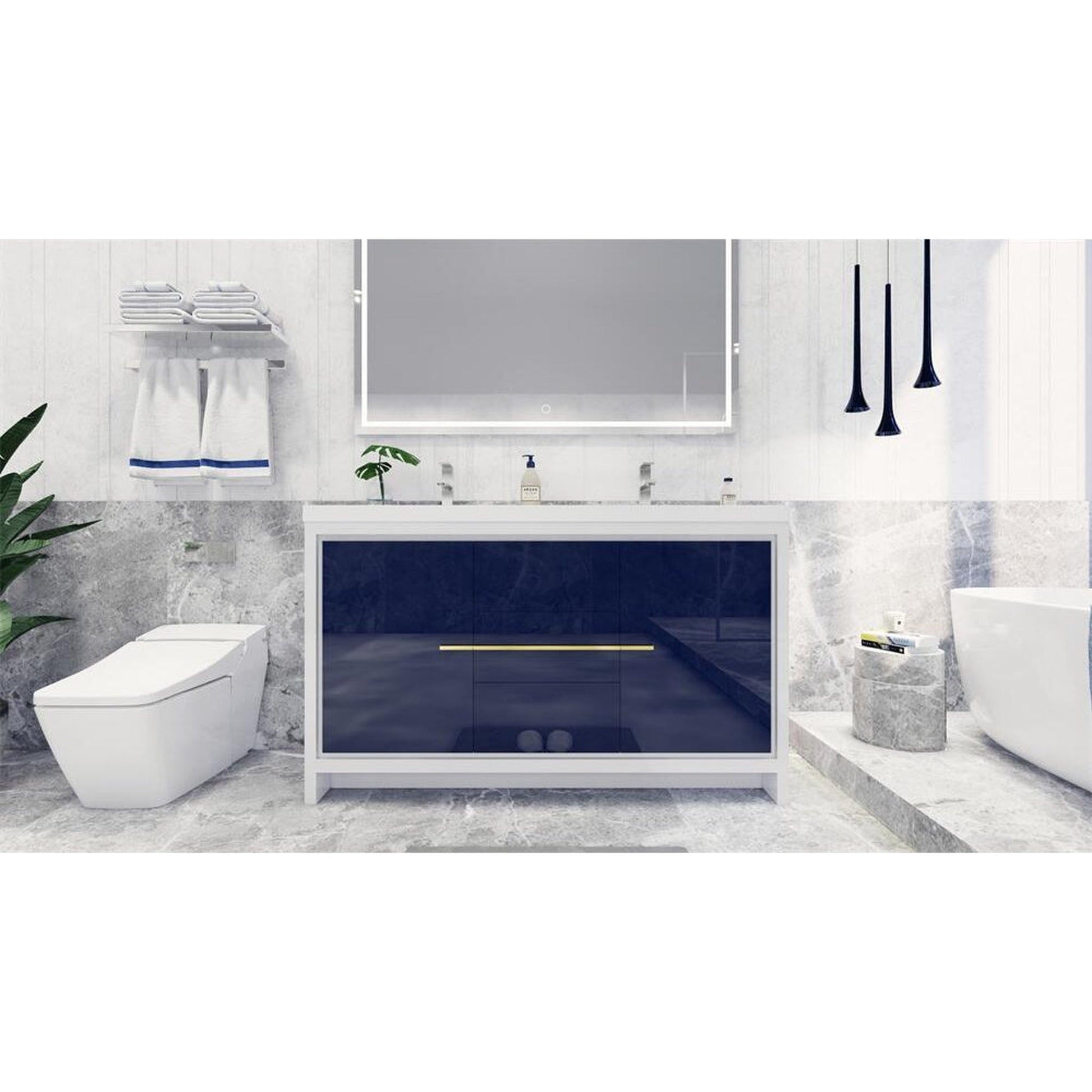 Moreno Bath Dolce 60" High Gloss Night Blue Freestanding Vanity With Double Reinforced White Acrylic Sinks