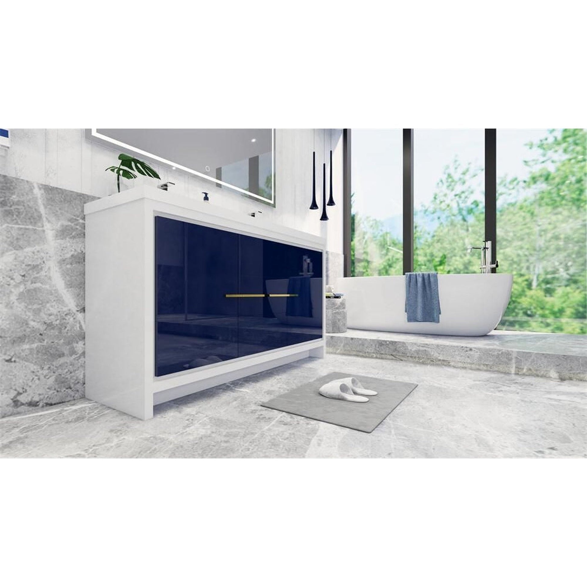 Moreno Bath Dolce 60" High Gloss Night Blue Freestanding Vanity With Double Reinforced White Acrylic Sinks
