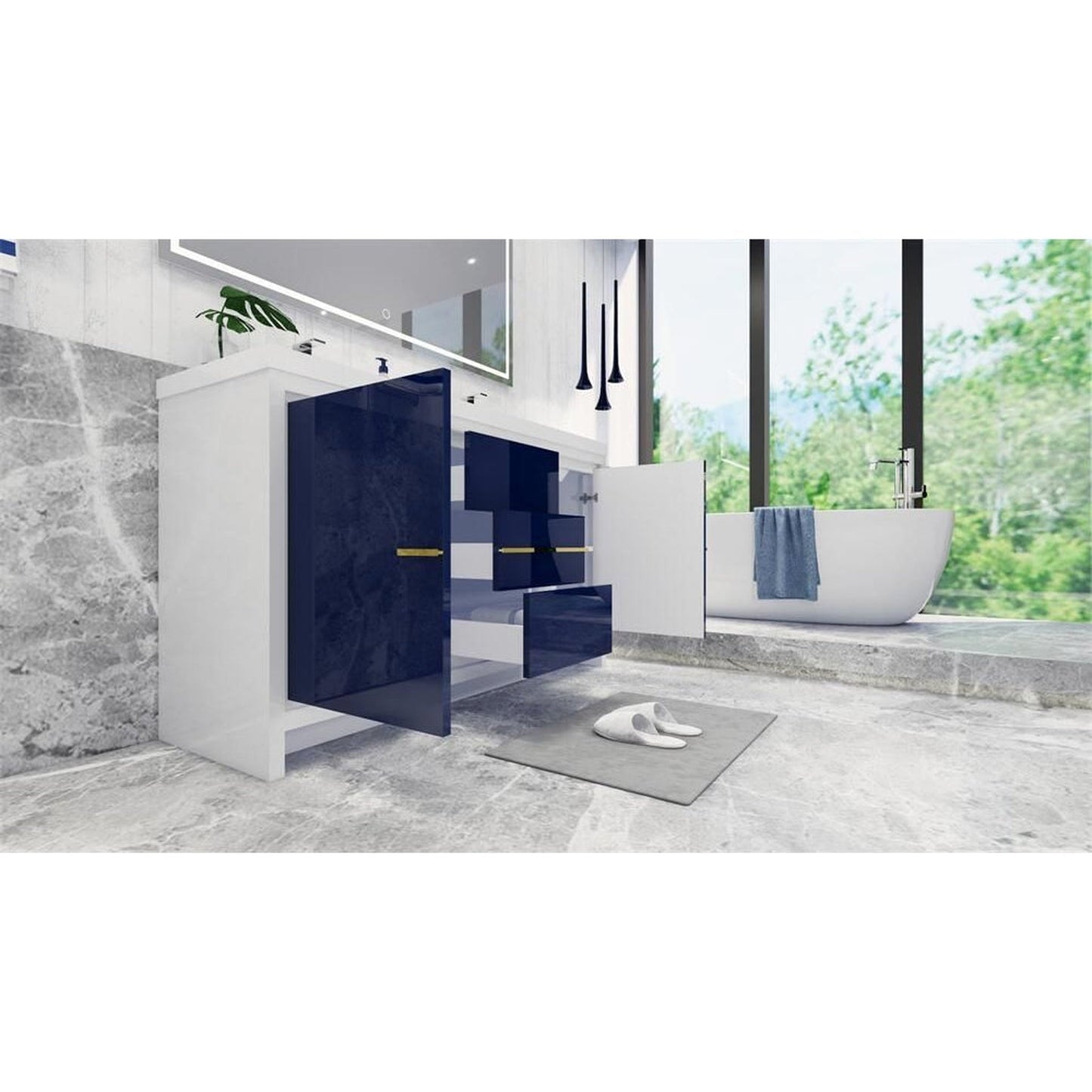 Moreno Bath Dolce 60" High Gloss Night Blue Freestanding Vanity With Double Reinforced White Acrylic Sinks