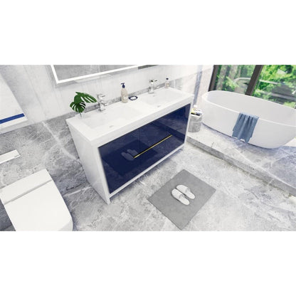 Moreno Bath Dolce 60" High Gloss Night Blue Freestanding Vanity With Double Reinforced White Acrylic Sinks