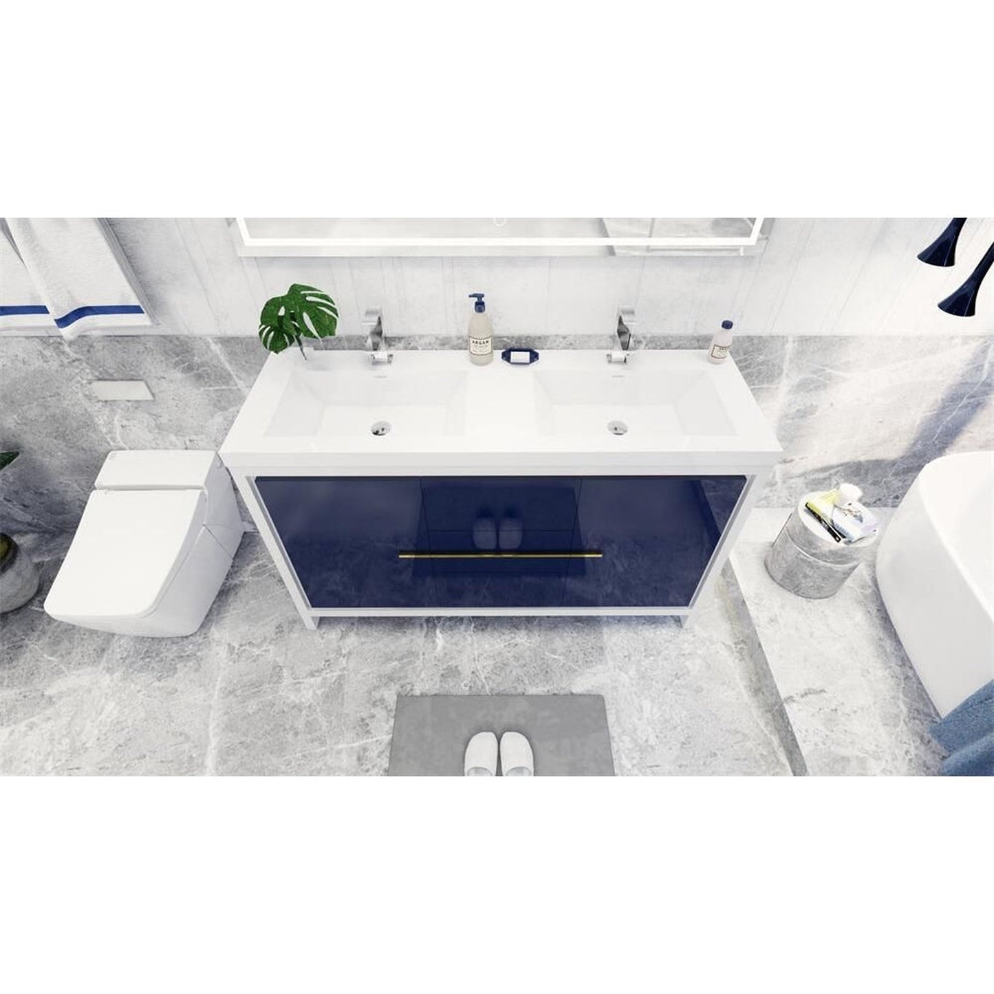 Moreno Bath Dolce 60" High Gloss Night Blue Freestanding Vanity With Double Reinforced White Acrylic Sinks