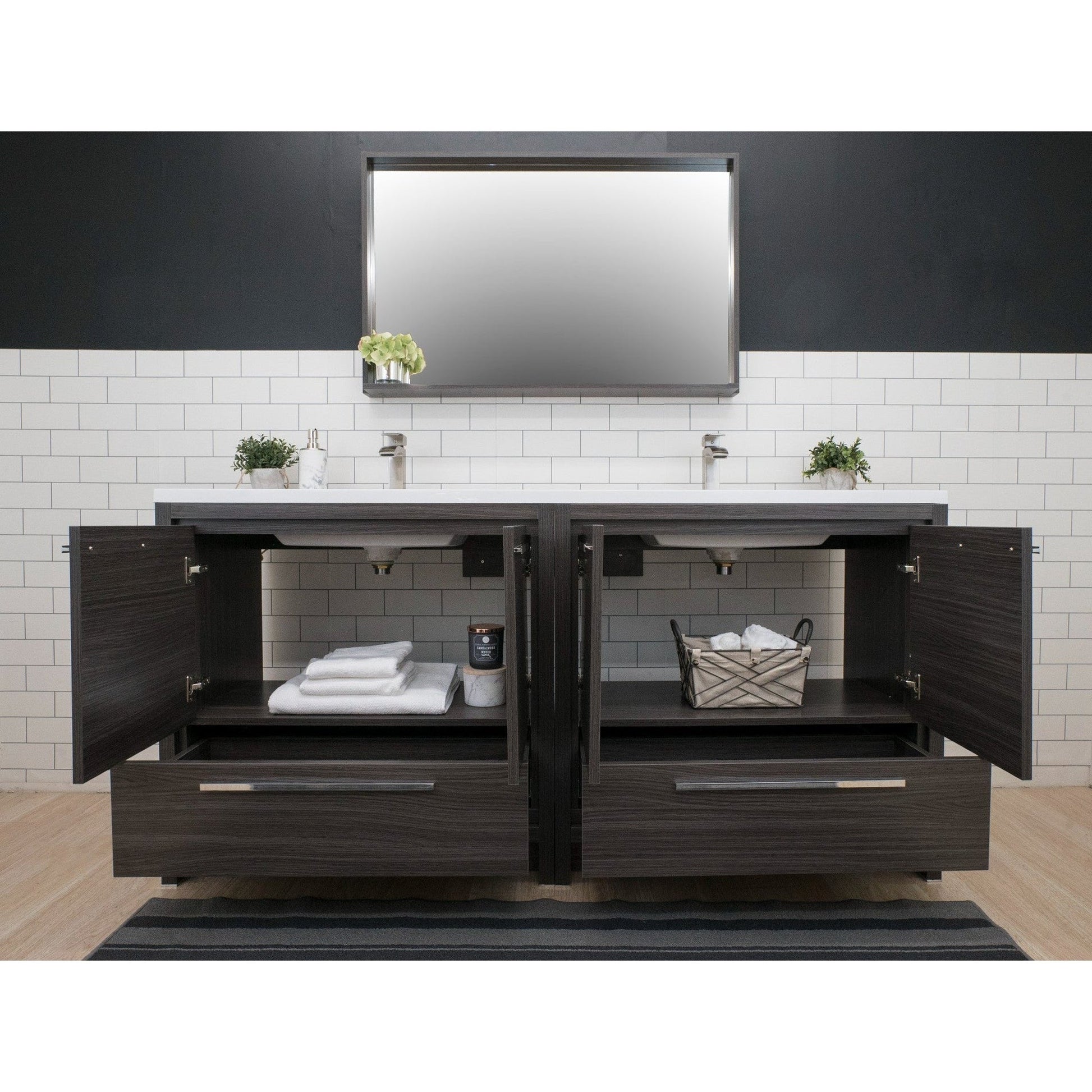 Moreno Bath Dolce 72" Dark Gray Oak Freestanding Vanity With Double Reinforced White Acrylic Sinks