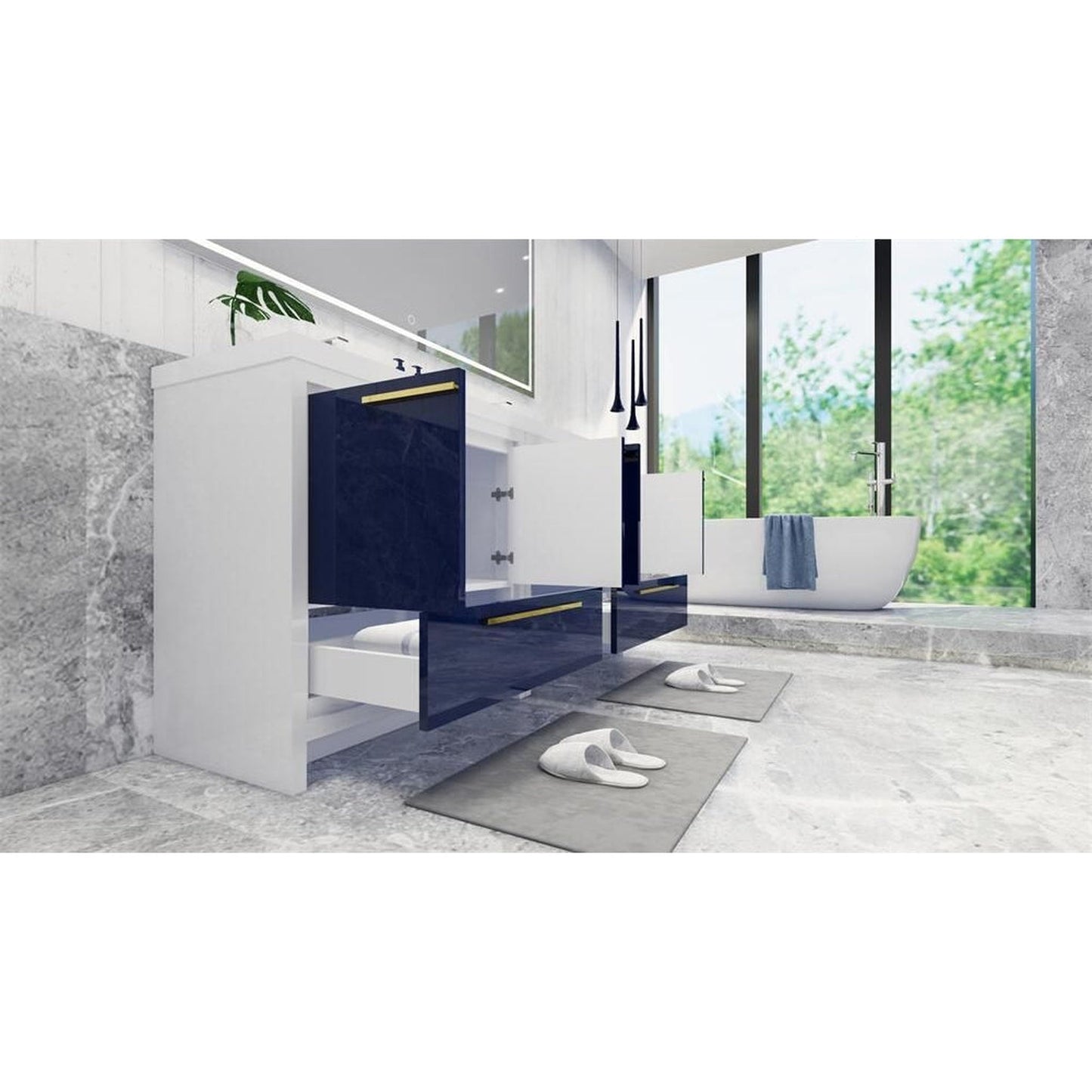 Moreno Bath Dolce 72" High Gloss Night Blue Freestanding Vanity With Double Reinforced White Acrylic Sinks