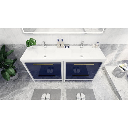 Moreno Bath Dolce 72" High Gloss Night Blue Freestanding Vanity With Double Reinforced White Acrylic Sinks