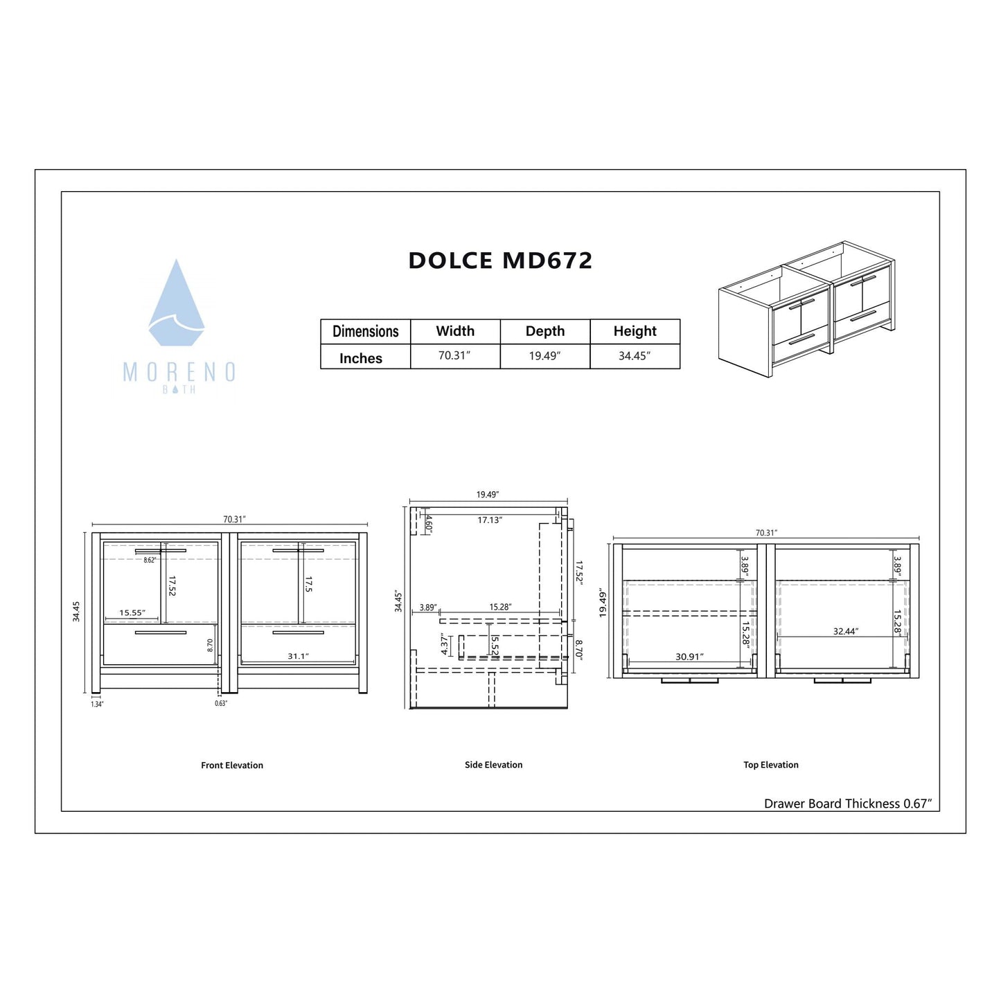 Moreno Bath Dolce 72" High Gloss Night Blue Freestanding Vanity With Double Reinforced White Acrylic Sinks