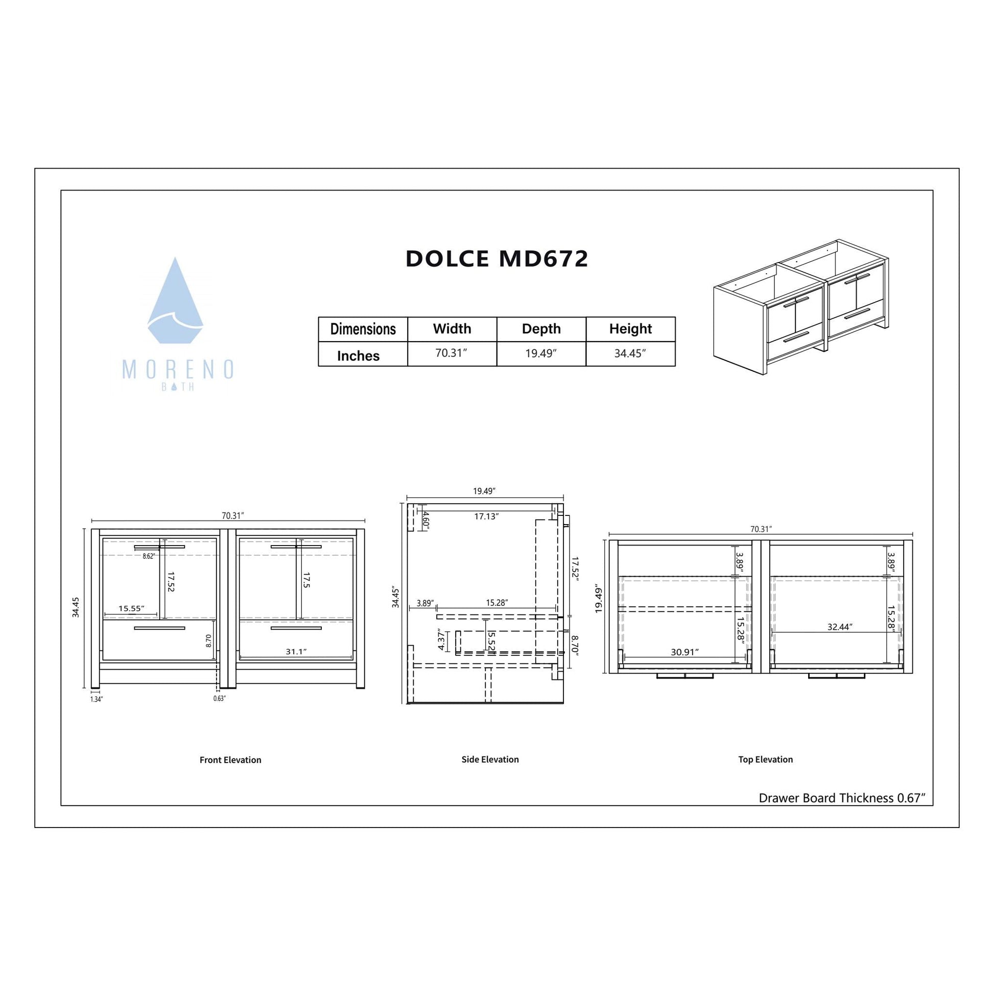 Moreno Bath Dolce 72" High Gloss Night Blue Freestanding Vanity With Double Reinforced White Acrylic Sinks