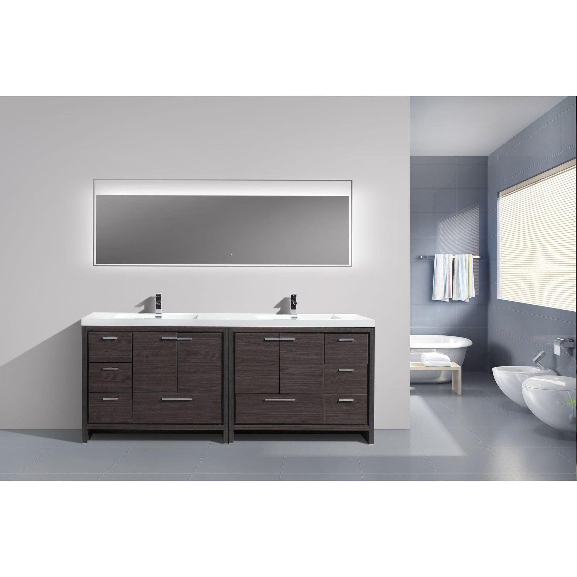 Moreno Bath Dolce 84" Dark Gray Oak Freestanding Vanity With Double Reinforced White Acrylic Sinks