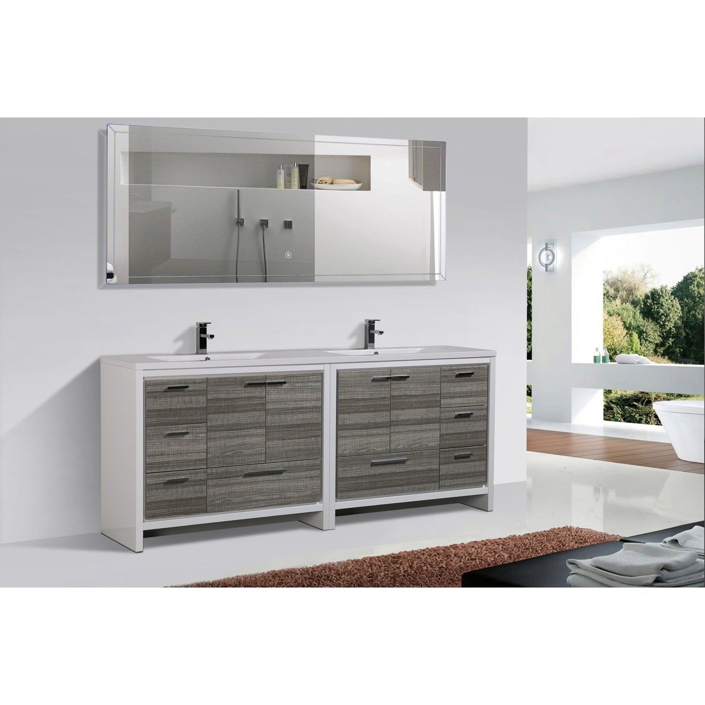 Moreno Bath Dolce 84" High Gloss Ash Gray Freestanding Vanity With Double Reinforced White Acrylic Sinks