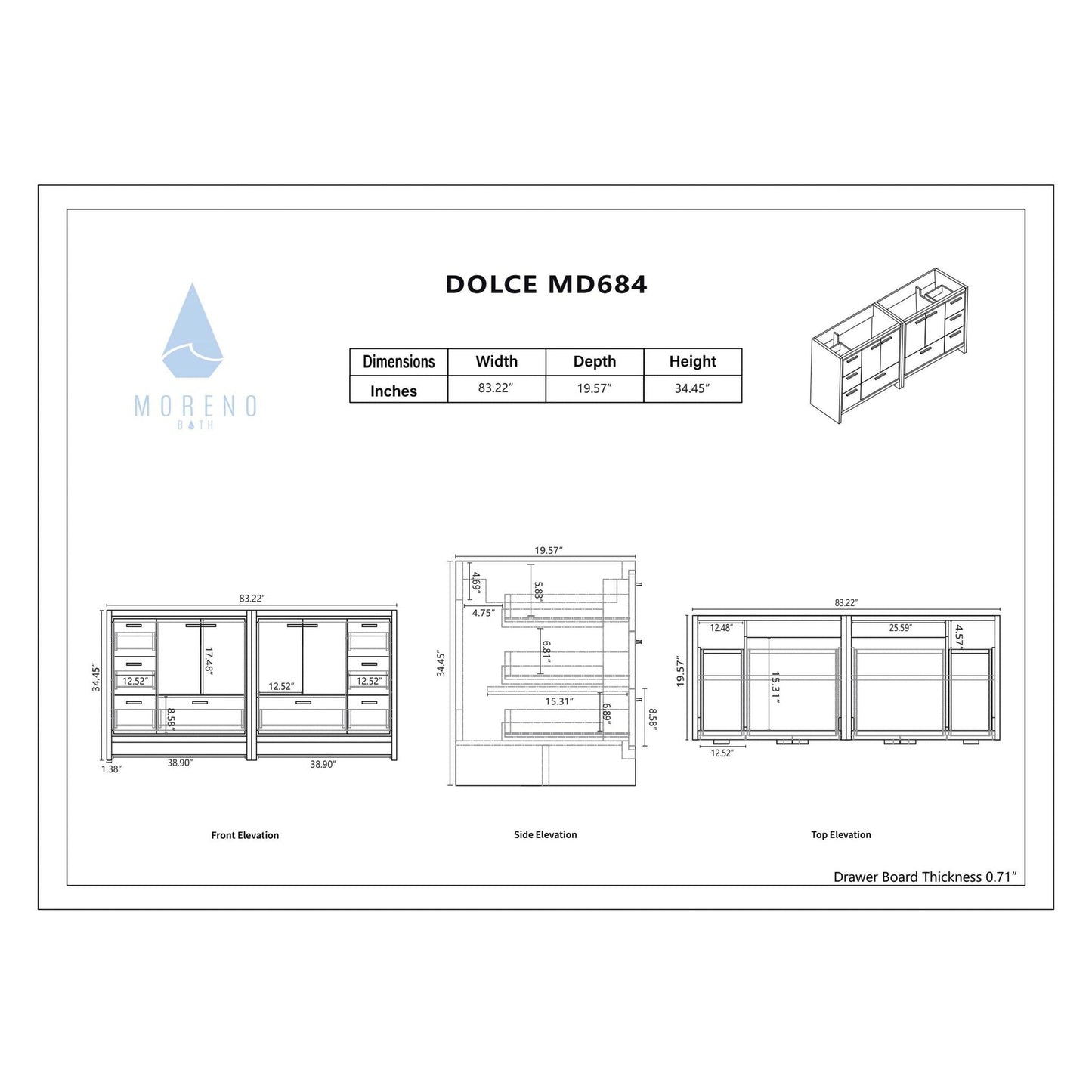 Moreno Bath Dolce 84" High Gloss Ash Gray Freestanding Vanity With Double Reinforced White Acrylic Sinks