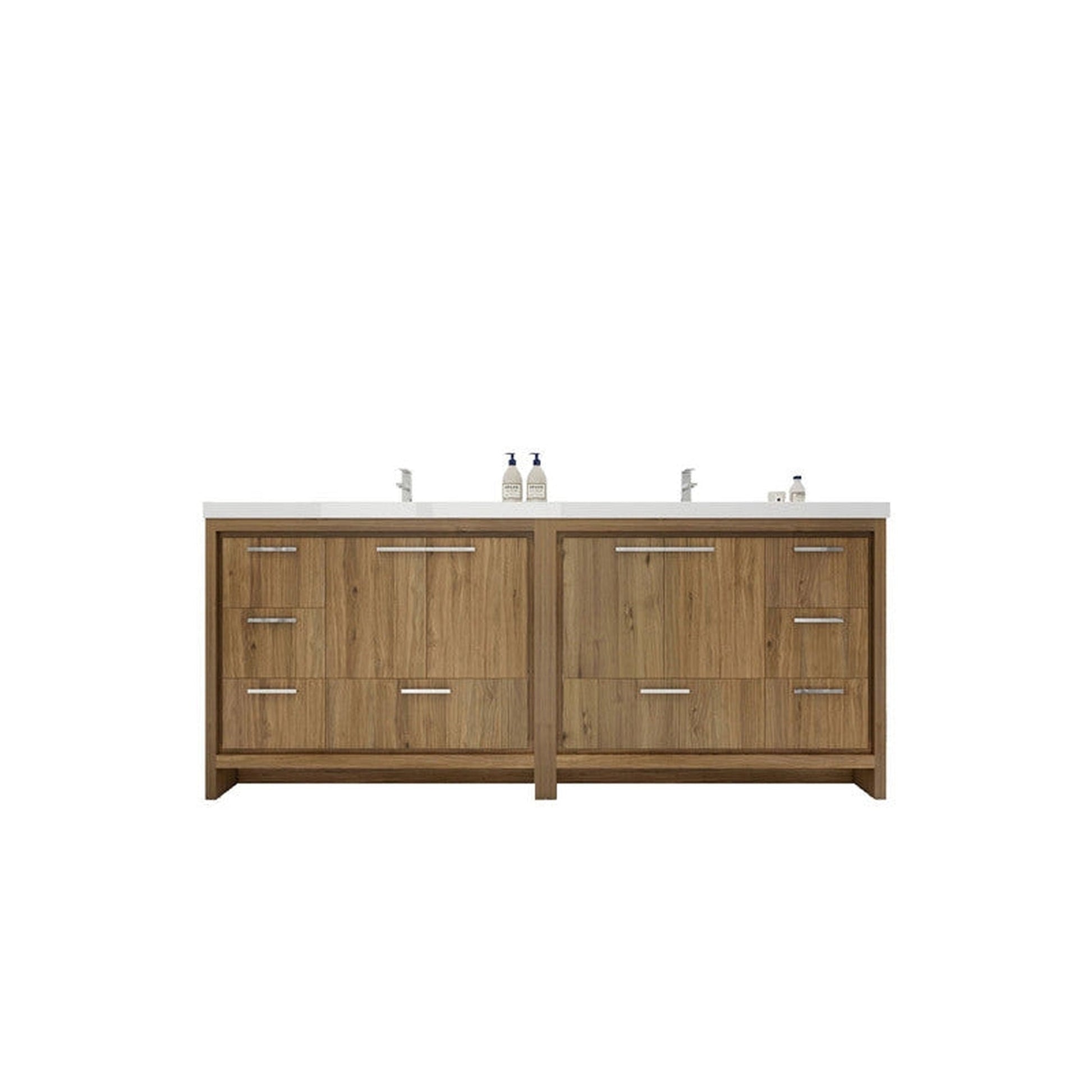 Moreno Bath Dolce 84" Natural Oak Freestanding Vanity With Double Reinforced White Acrylic Sinks