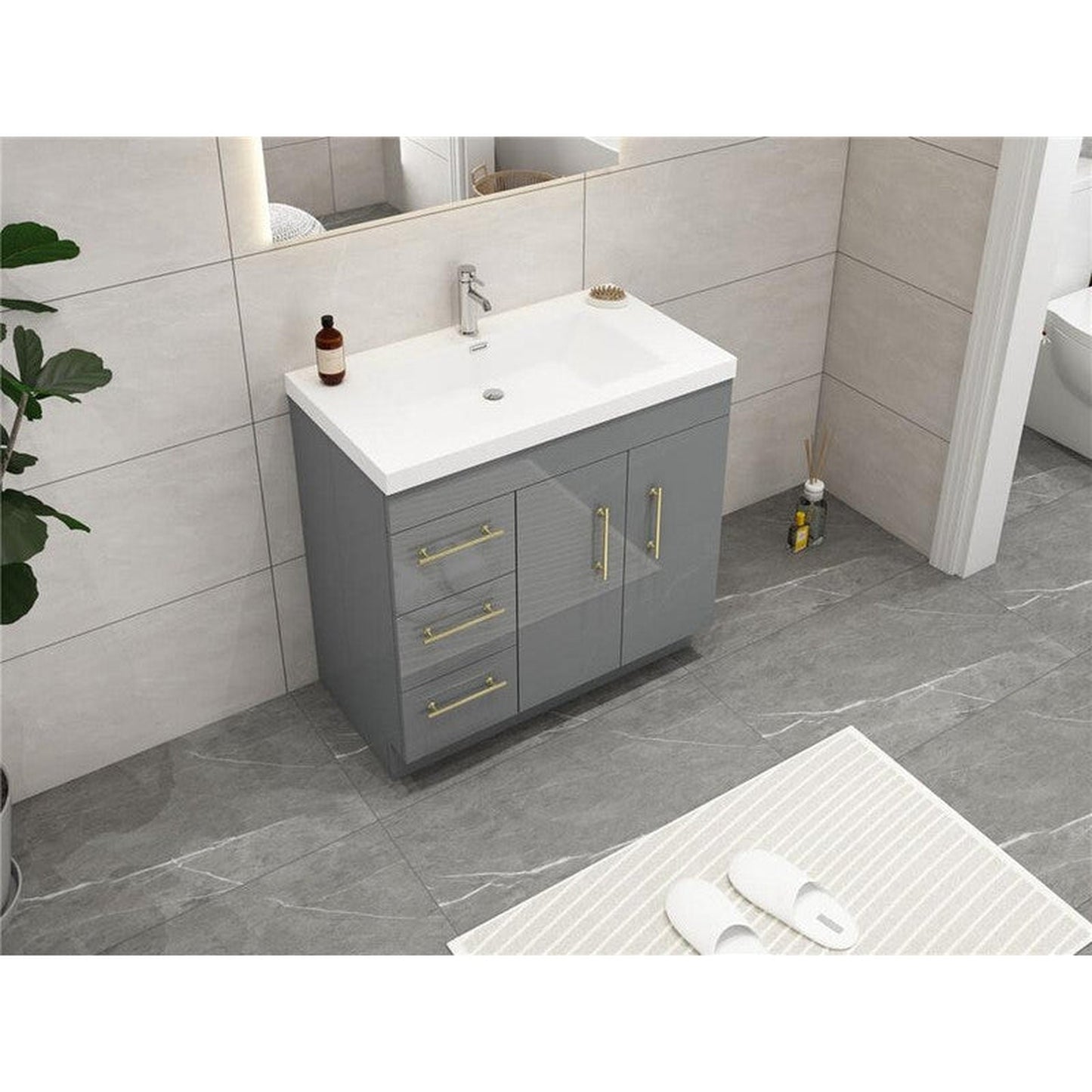 Moreno Bath ELSA 36" High Gloss Gray Freestanding Vanity With Left Side Drawers and Single Reinforced White Acrylic Sink