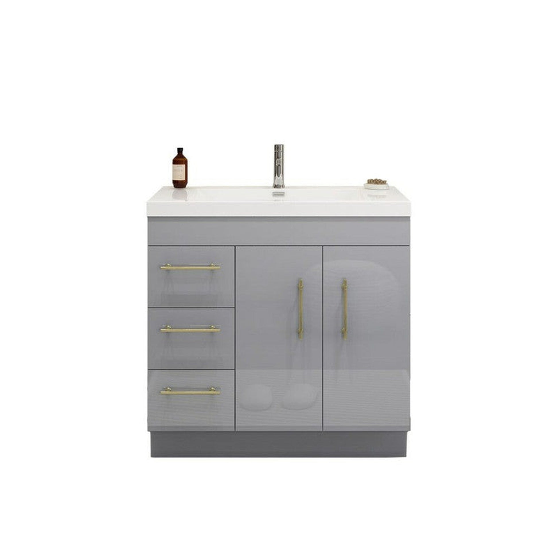 Moreno Bath ELSA 36" High Gloss Gray Freestanding Vanity With Left Side Drawers and Single Reinforced White Acrylic Sink