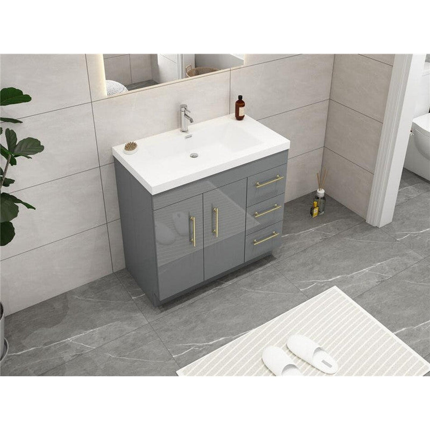 Moreno Bath ELSA 36" High Gloss Gray Freestanding Vanity With Right Side Drawers and Single Reinforced White Acrylic Sink