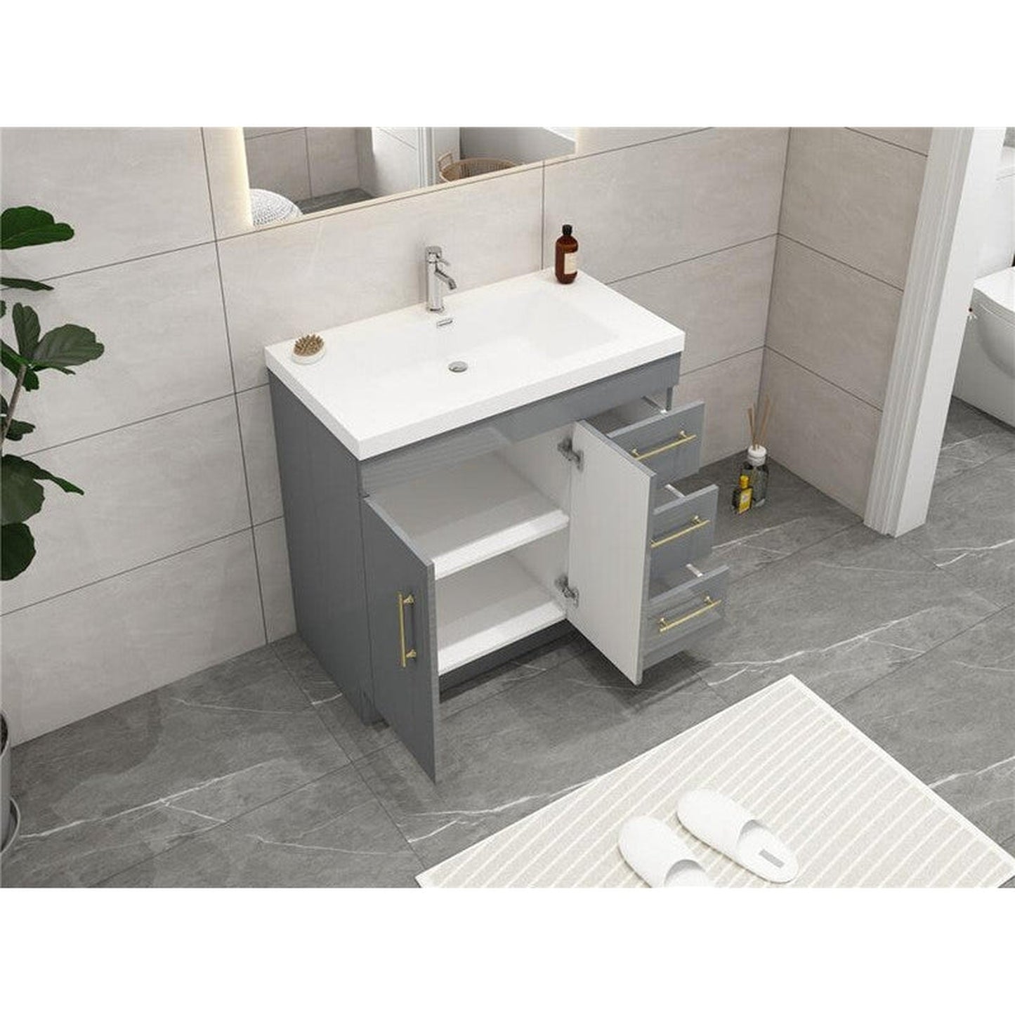 Moreno Bath ELSA 36" High Gloss Gray Freestanding Vanity With Right Side Drawers and Single Reinforced White Acrylic Sink