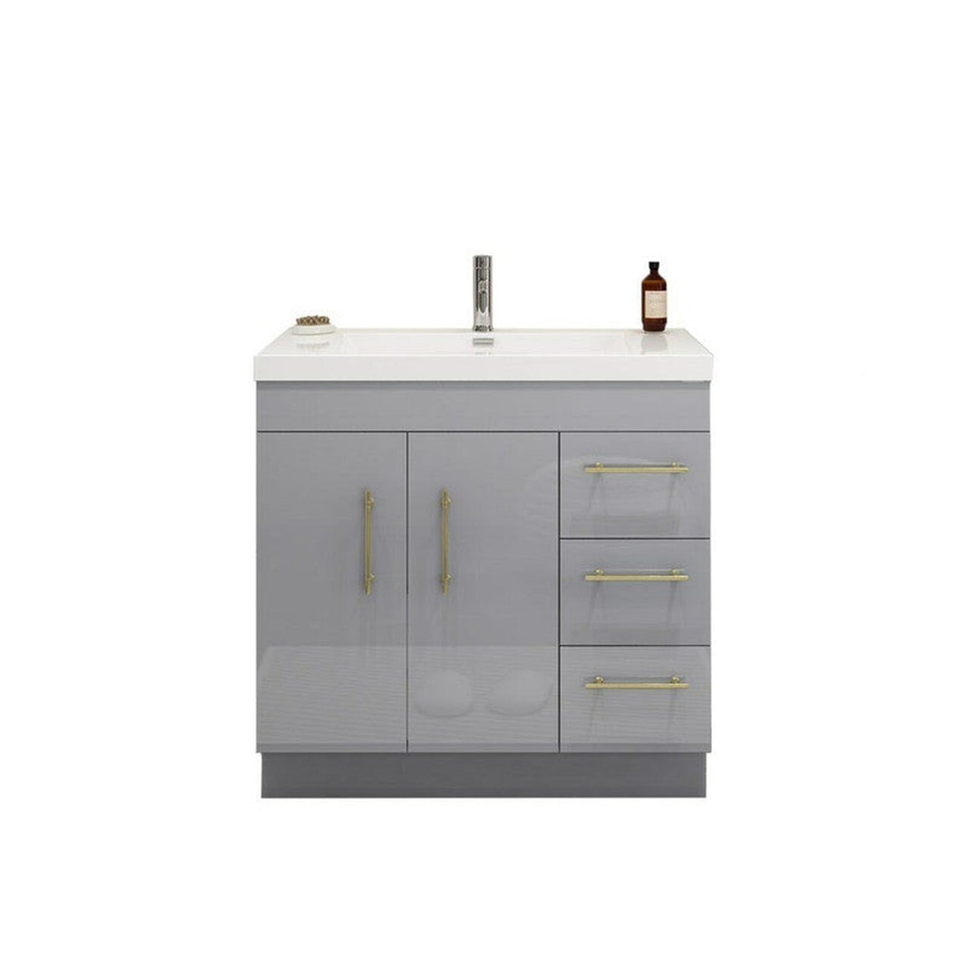 Moreno Bath ELSA 36" High Gloss Gray Freestanding Vanity With Right Side Drawers and Single Reinforced White Acrylic Sink