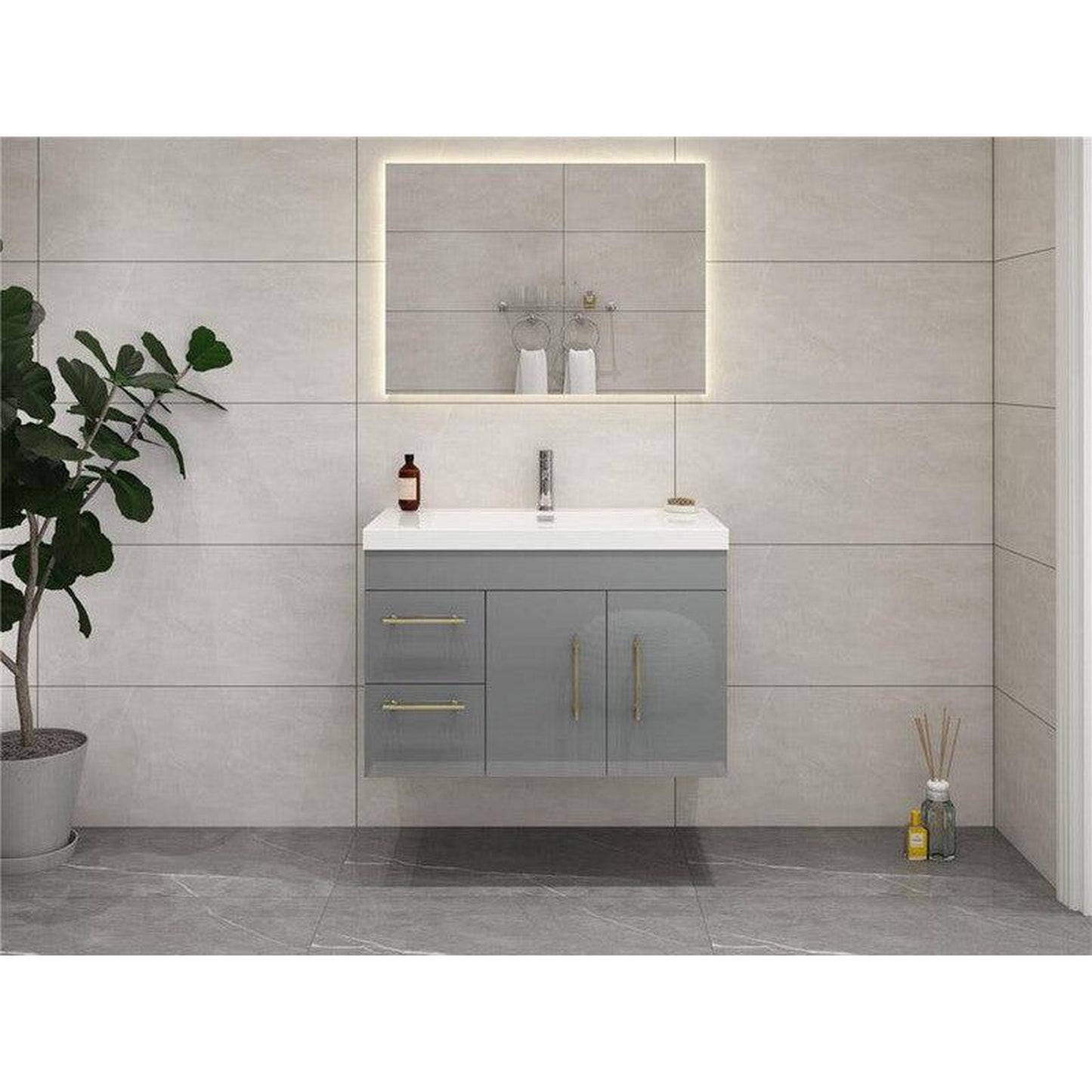 Moreno Bath ELSA 36" High Gloss Gray Wall-Mounted Vanity With Left Side Drawers and Single Reinforced White Acrylic Sink