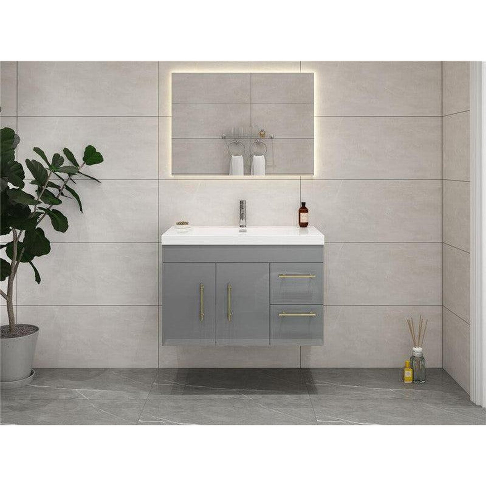 Moreno Bath ELSA 36" High Gloss Gray Wall-Mounted Vanity With Right Side Drawers and Single Reinforced White Acrylic Sink