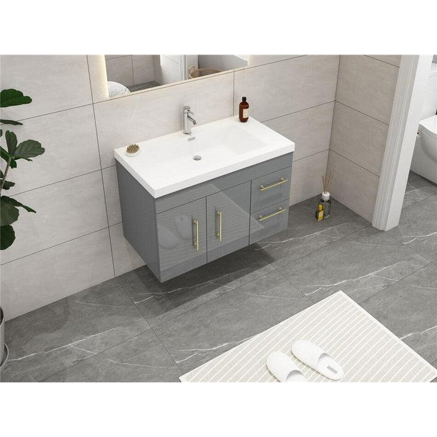 Moreno Bath ELSA 36" High Gloss Gray Wall-Mounted Vanity With Right Side Drawers and Single Reinforced White Acrylic Sink