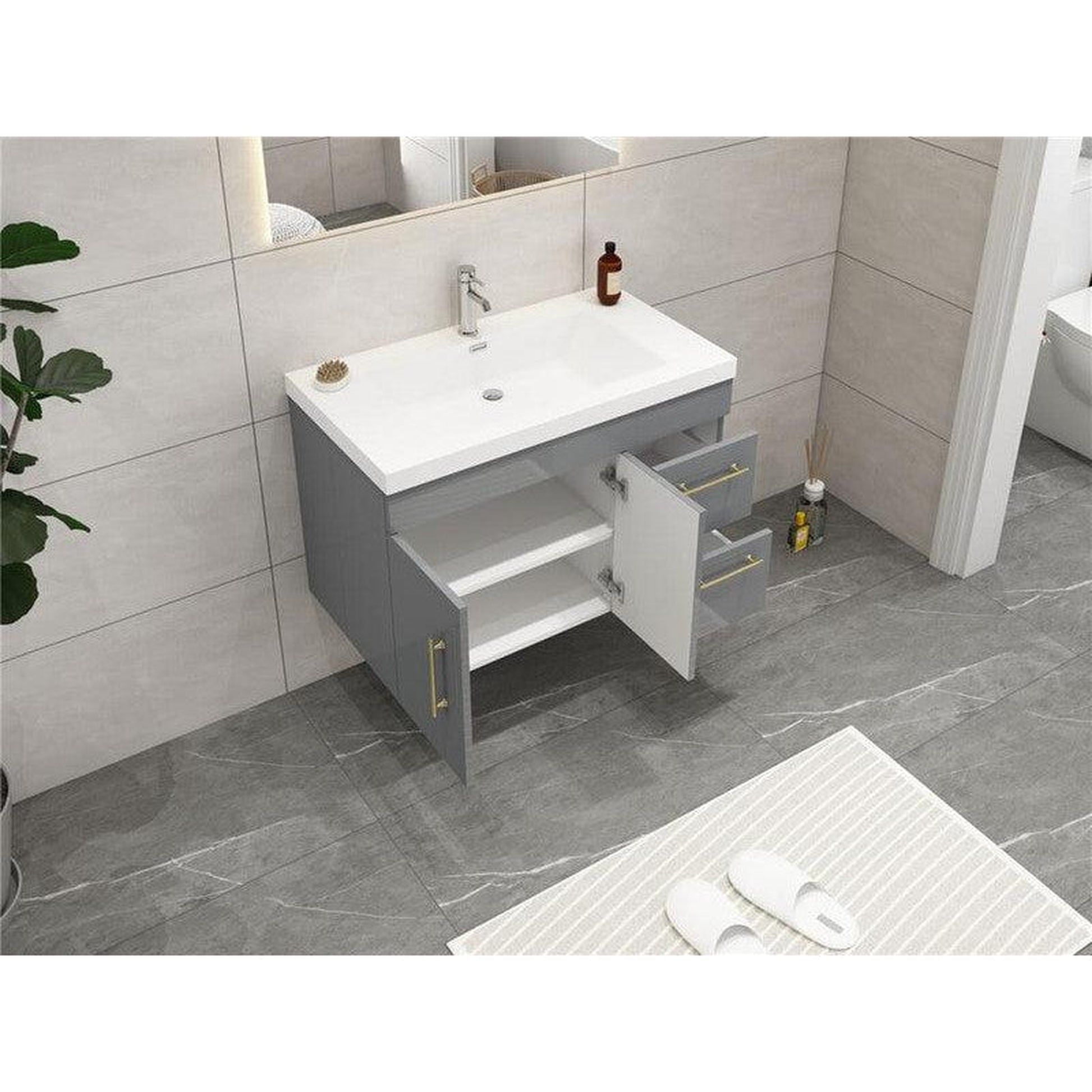 Moreno Bath ELSA 36" High Gloss Gray Wall-Mounted Vanity With Right Side Drawers and Single Reinforced White Acrylic Sink