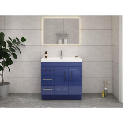 Moreno Bath ELSA 36" High Gloss Night Blue Freestanding Vanity With Left Side Drawers and Single Reinforced White Acrylic Sink