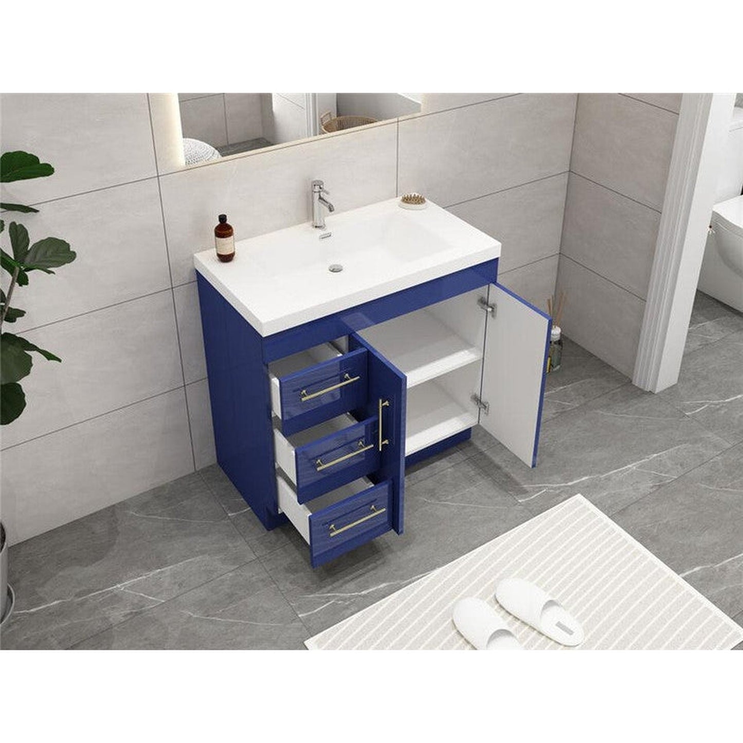 Moreno Bath ELSA 36" High Gloss Night Blue Freestanding Vanity With Left Side Drawers and Single Reinforced White Acrylic Sink