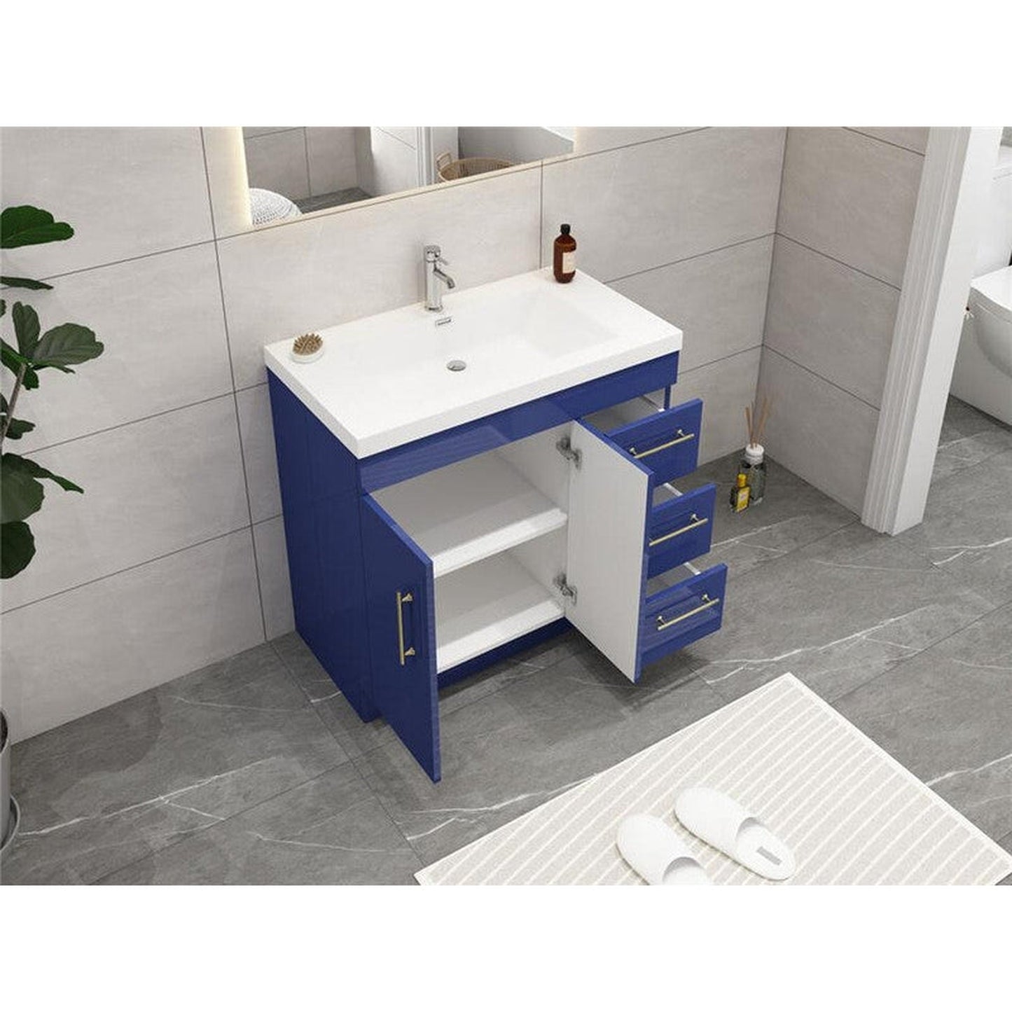 Moreno Bath ELSA 36" High Gloss Night Blue Freestanding Vanity With Right Side Drawers and Single Reinforced White Acrylic Sink