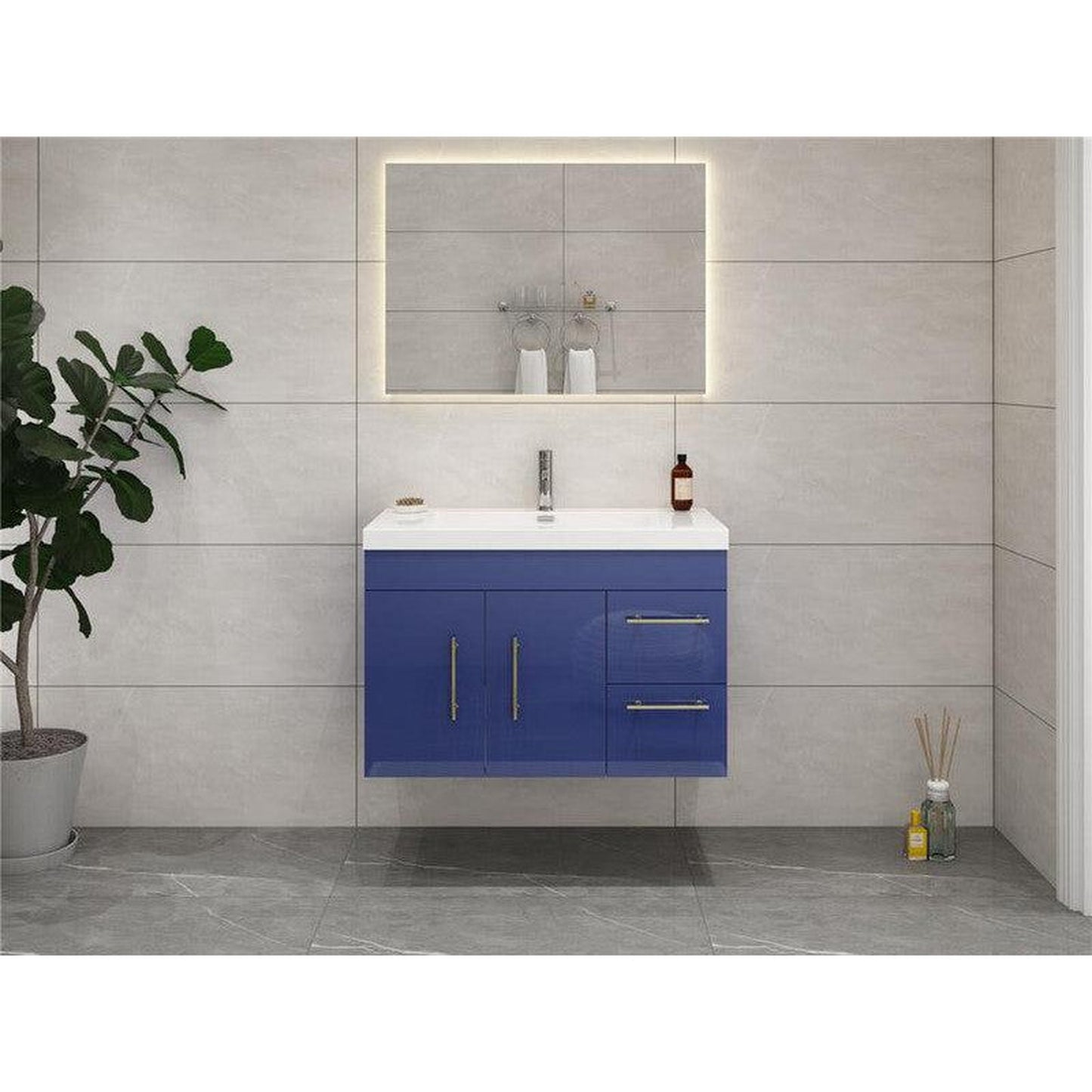 Moreno Bath ELSA 36" High Gloss Night Blue Wall-Mounted Vanity With Right Side Drawers and Single Reinforced White Acrylic Sink