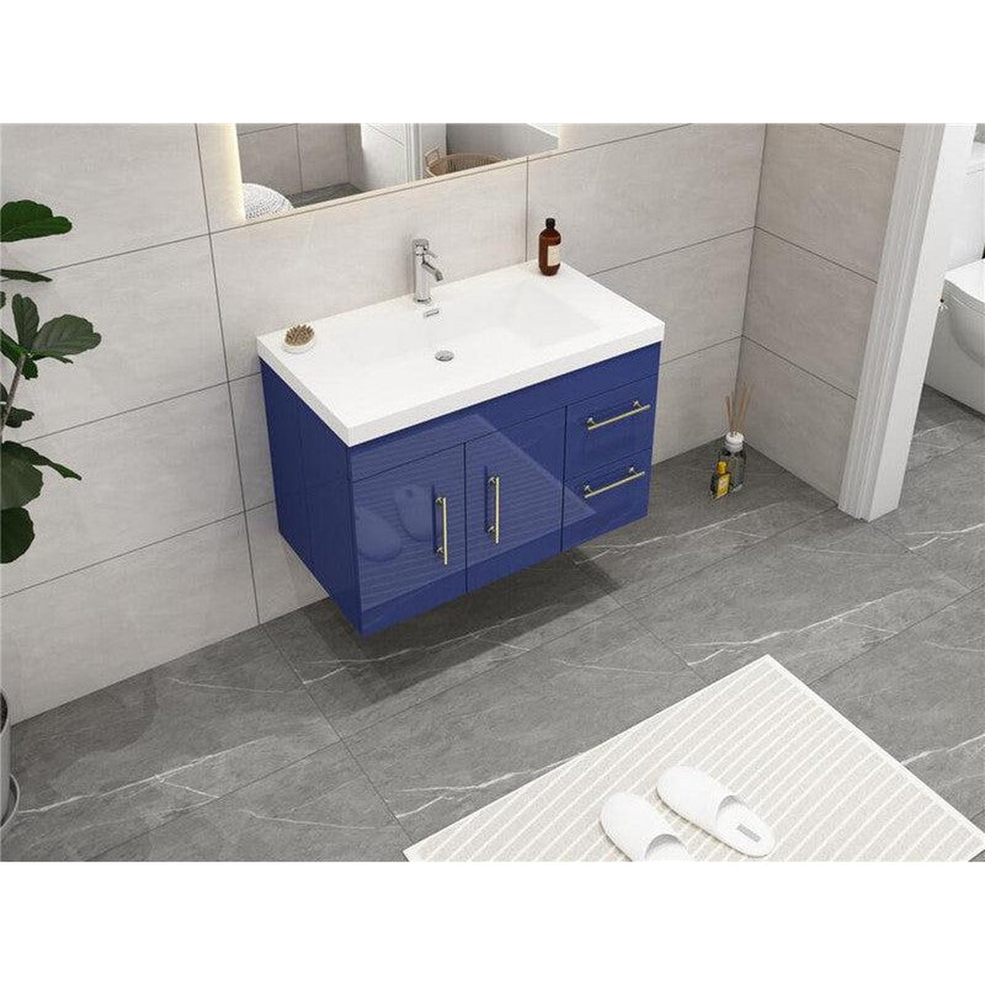 Moreno Bath ELSA 36" High Gloss Night Blue Wall-Mounted Vanity With Right Side Drawers and Single Reinforced White Acrylic Sink