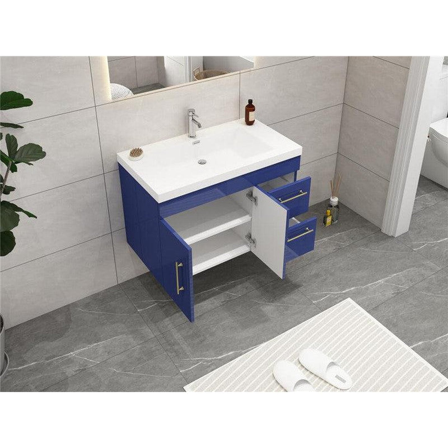 Moreno Bath ELSA 36" High Gloss Night Blue Wall-Mounted Vanity With Right Side Drawers and Single Reinforced White Acrylic Sink