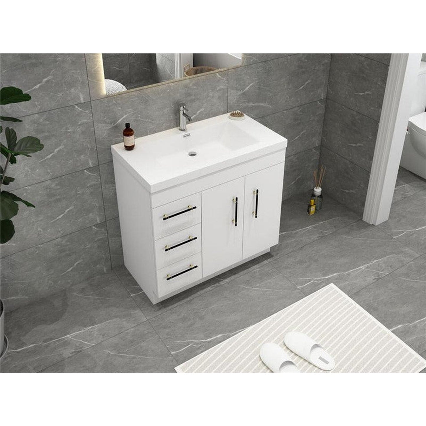 Moreno Bath ELSA 36" High Gloss White Freestanding Vanity With Left Side Drawers and Single Reinforced White Acrylic Sink